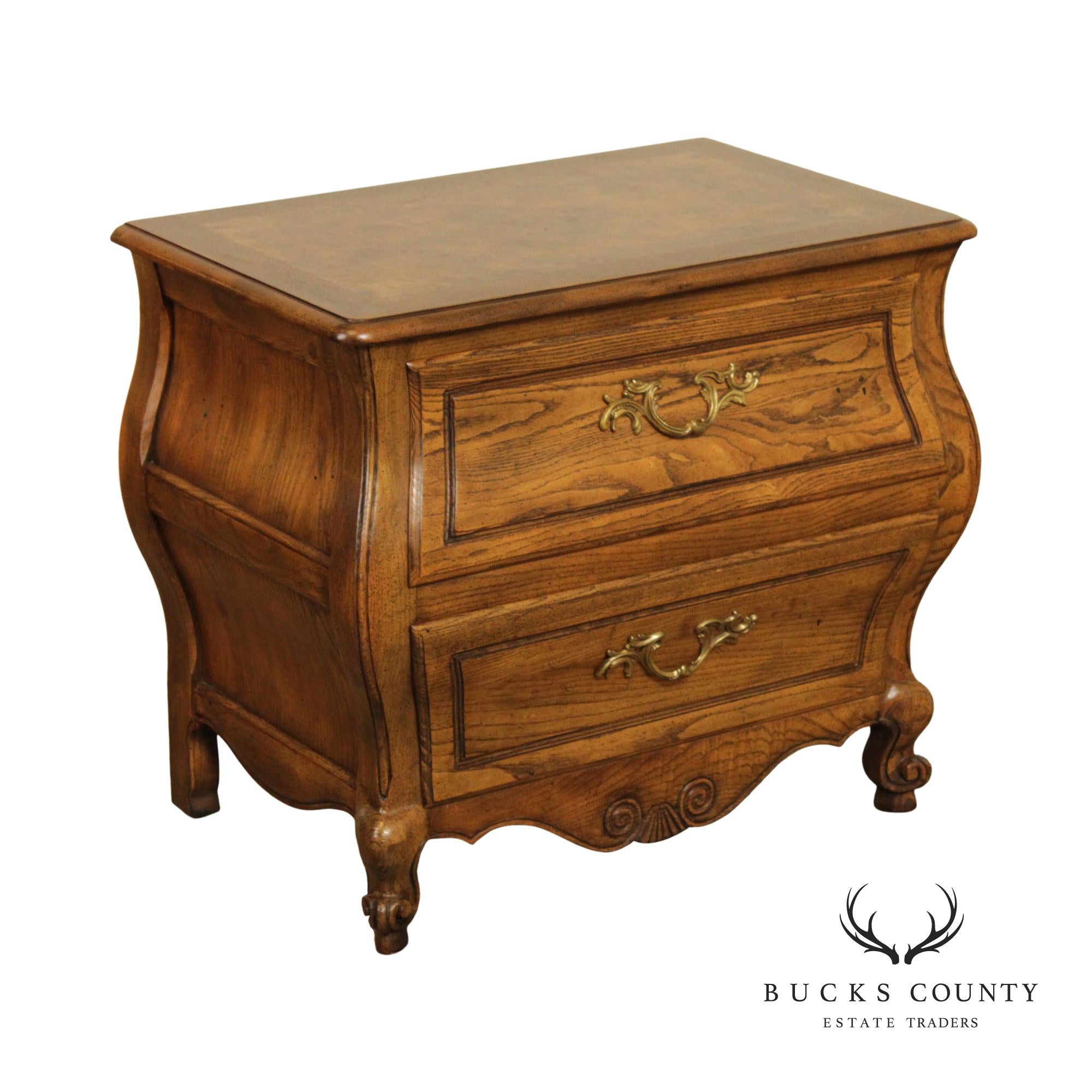 Baker French Louis XV Style Oak and Burlwood Bombe Chest Nightstand