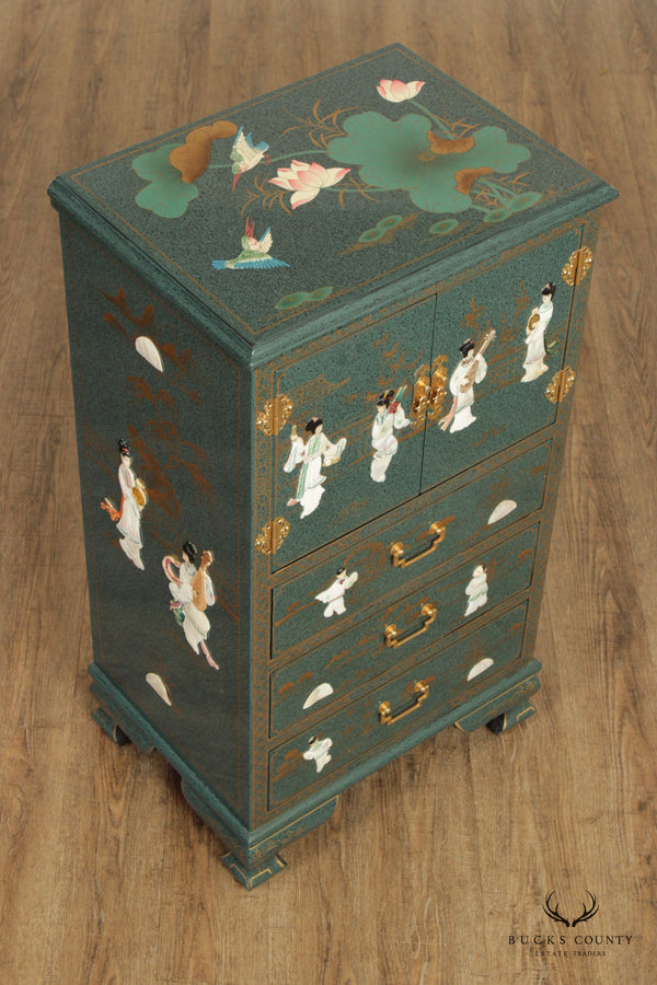 Asian Green Chinoiserie Lacquered Jewelry Cabinet