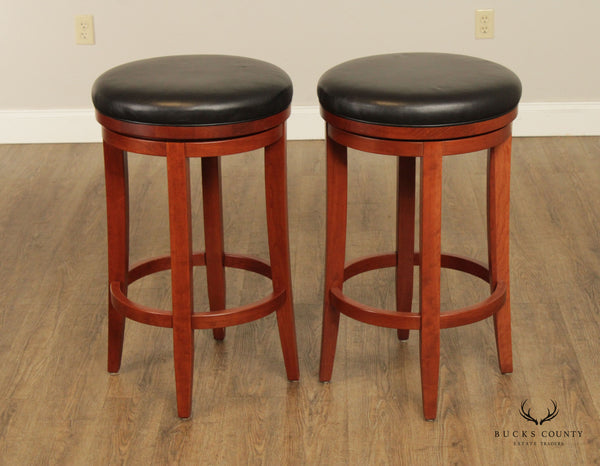 Zimmerman Chair Shop Pair of Leather Upholstered Cherry 'Milano' Swivel Bar Stools