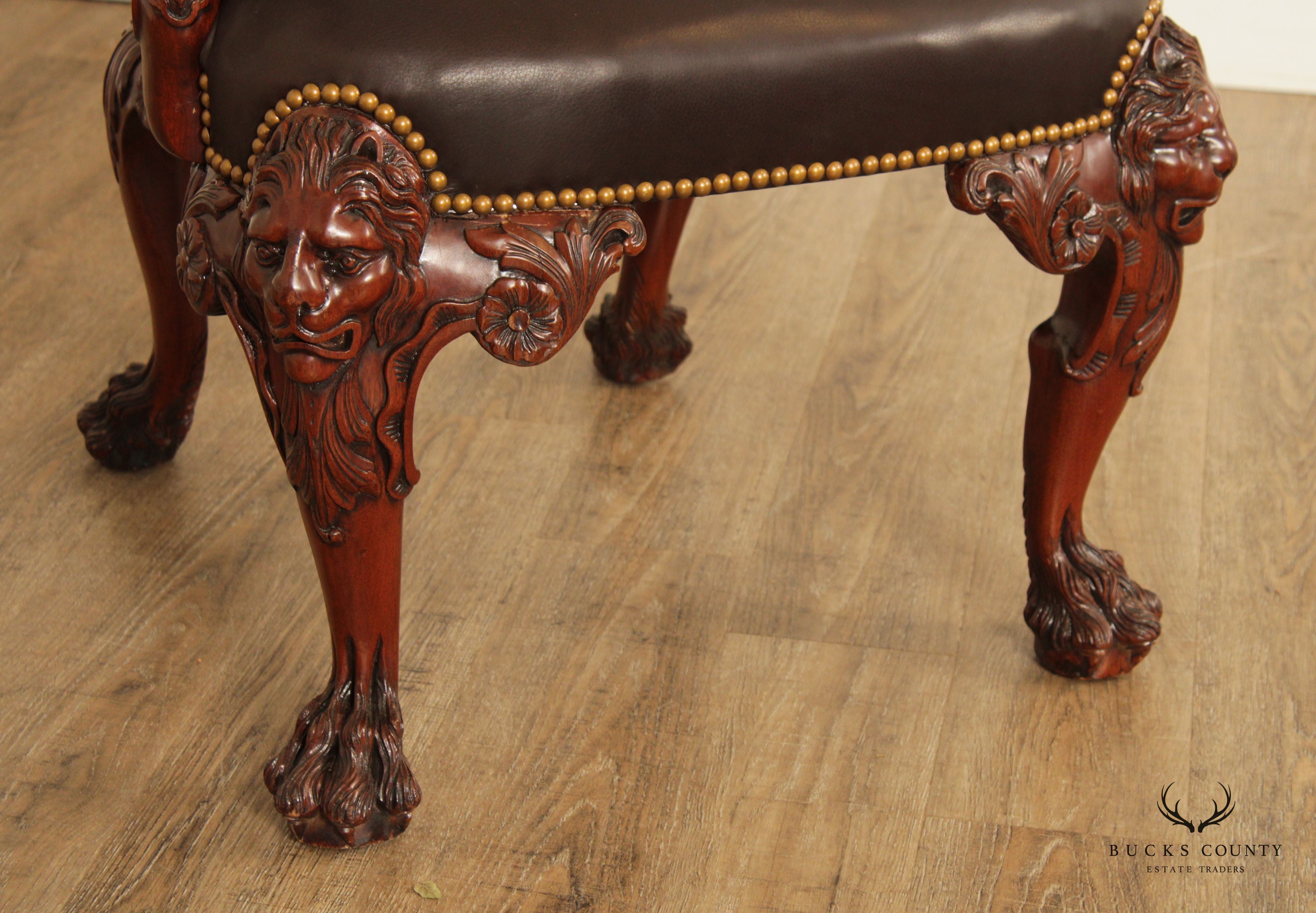 Maitland Smith Georgian Style Lion-Carved Leather Armchair