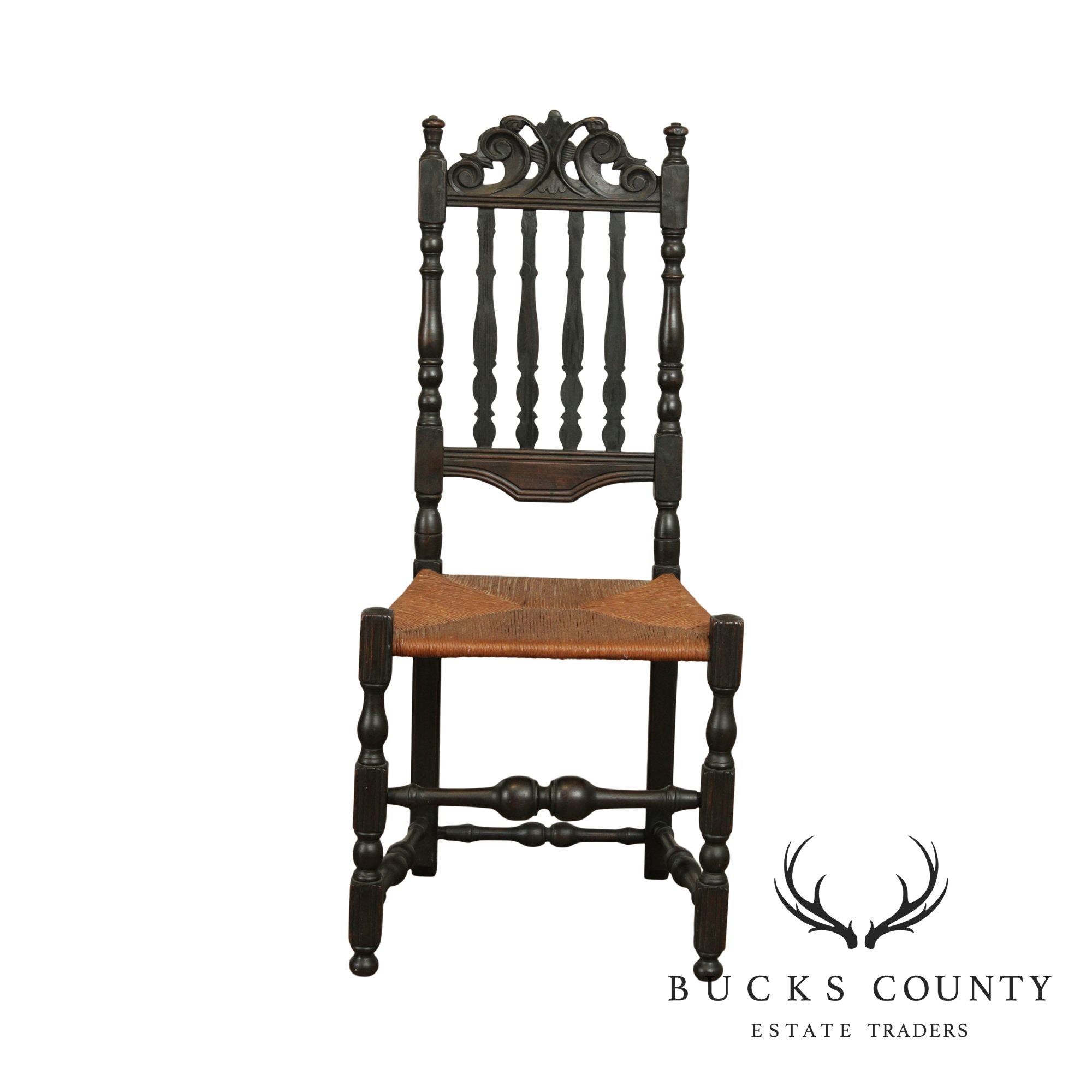 Custom Reproduction Carved Bannister Back, Rush Seat Side Chair