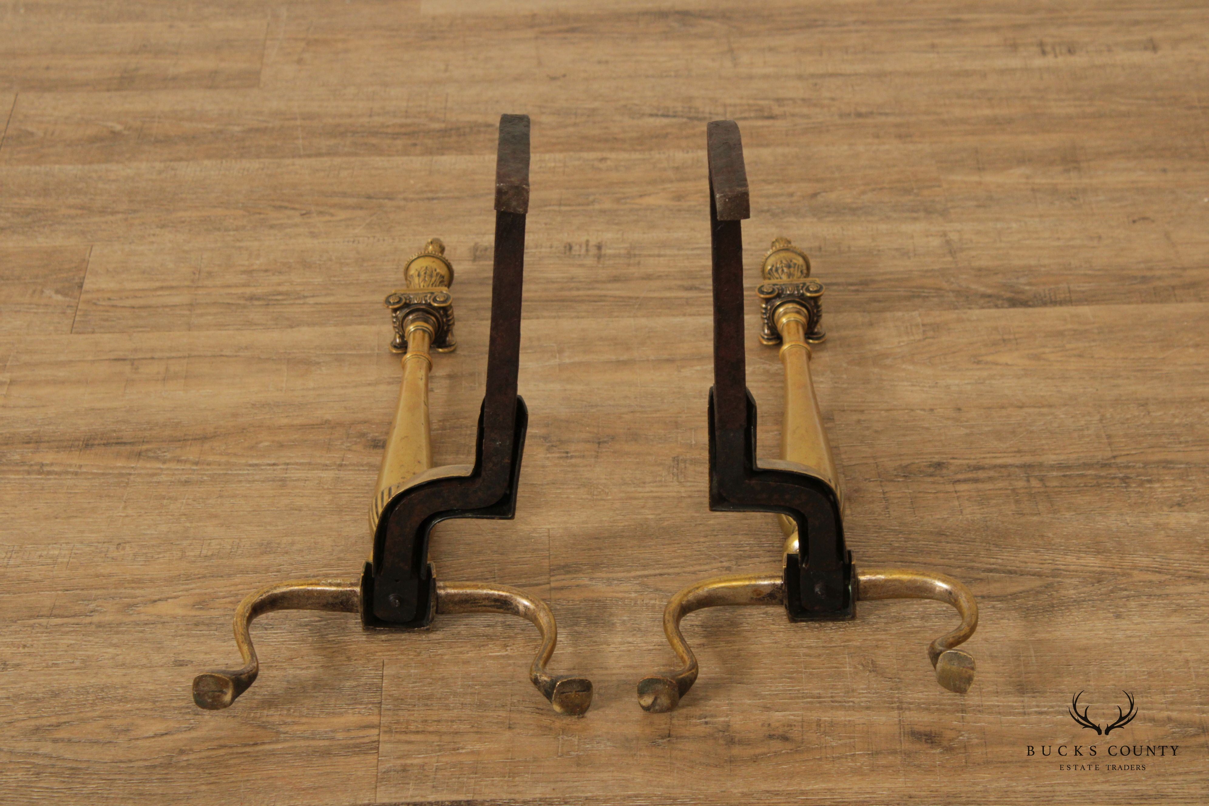 Federal Style Quality Pair of Brass Fireplace Andirons