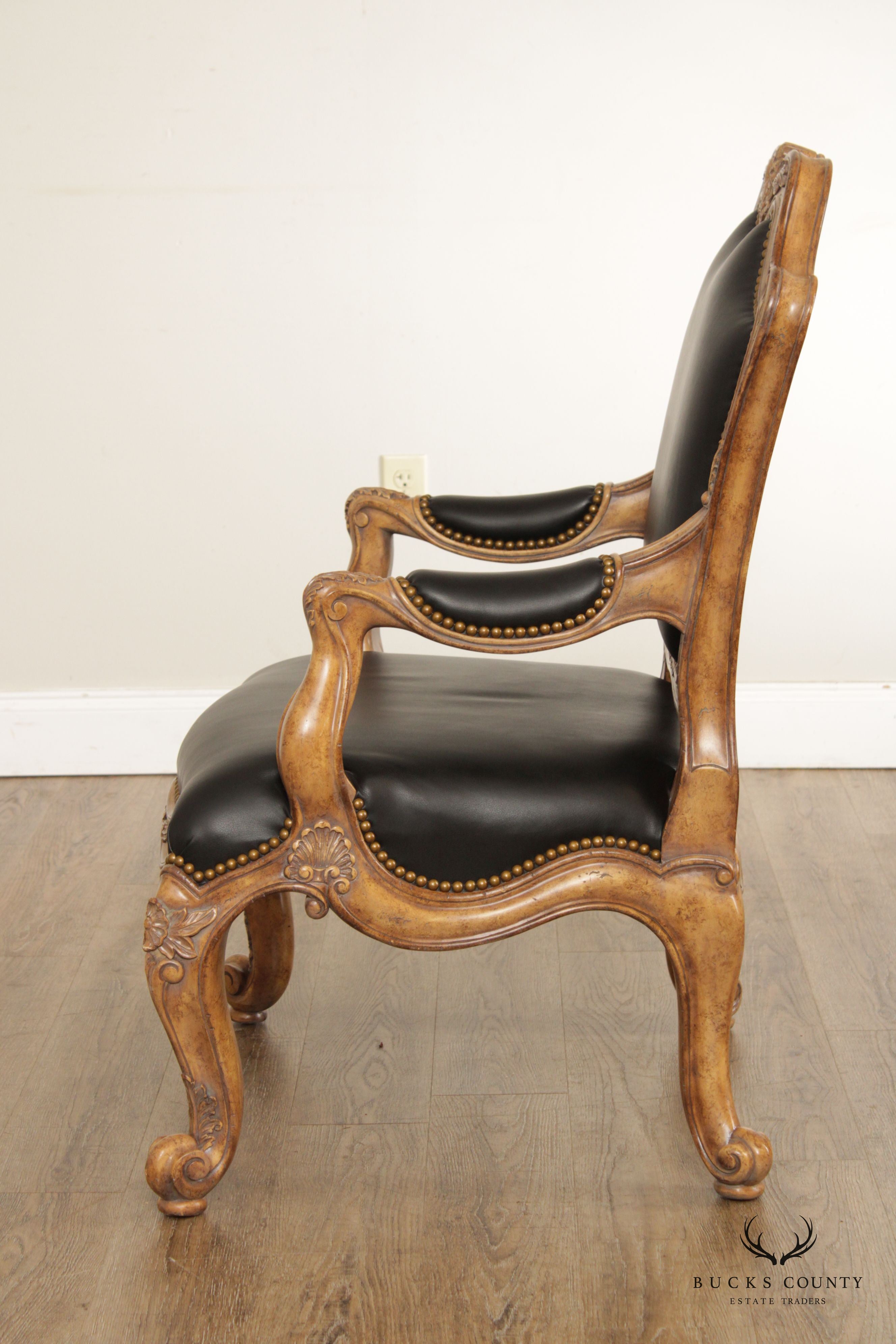 Maitland Smith Louis XV Style Carved Wood and Black Leather Armchair