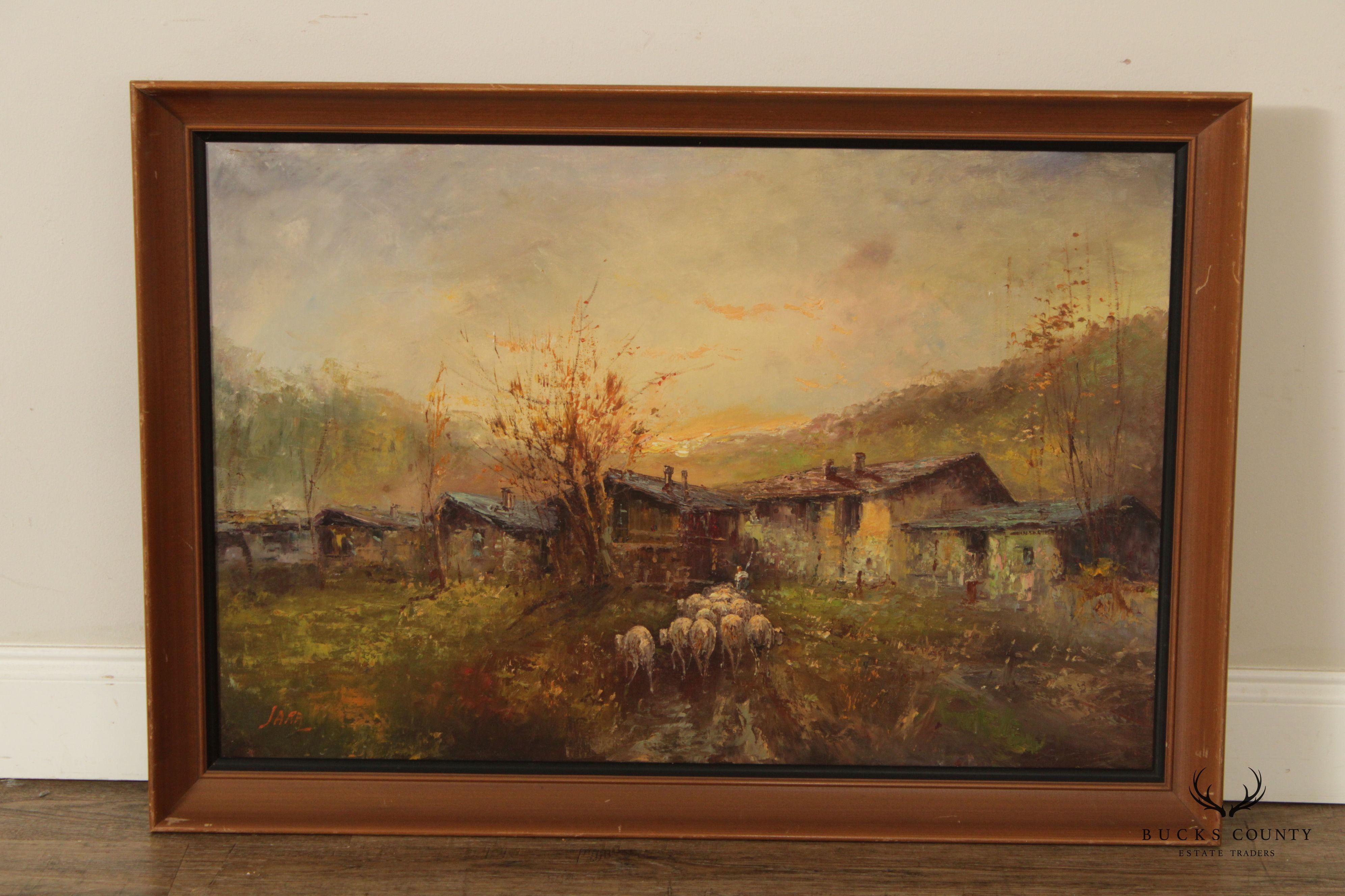 European 20th C. Pastoral Village Landscape Scene by Sara