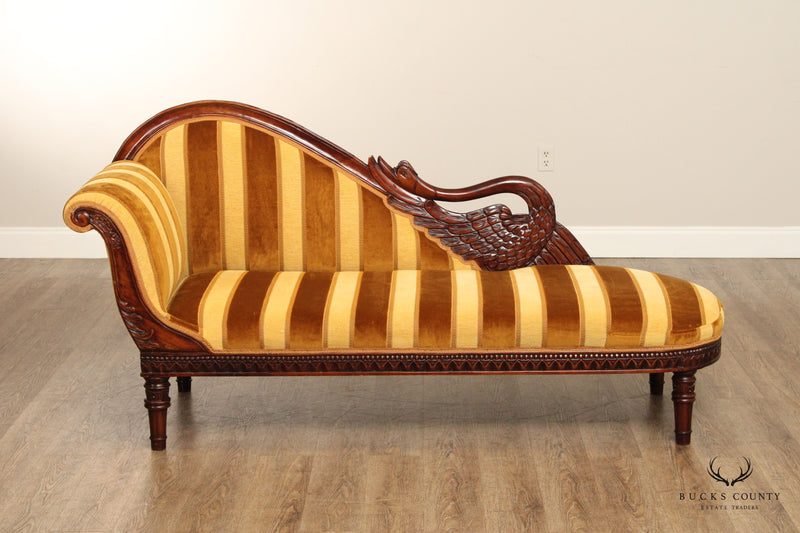 Empire Style Mahogany Swan Carved Fainting Couch Chaise Lounge