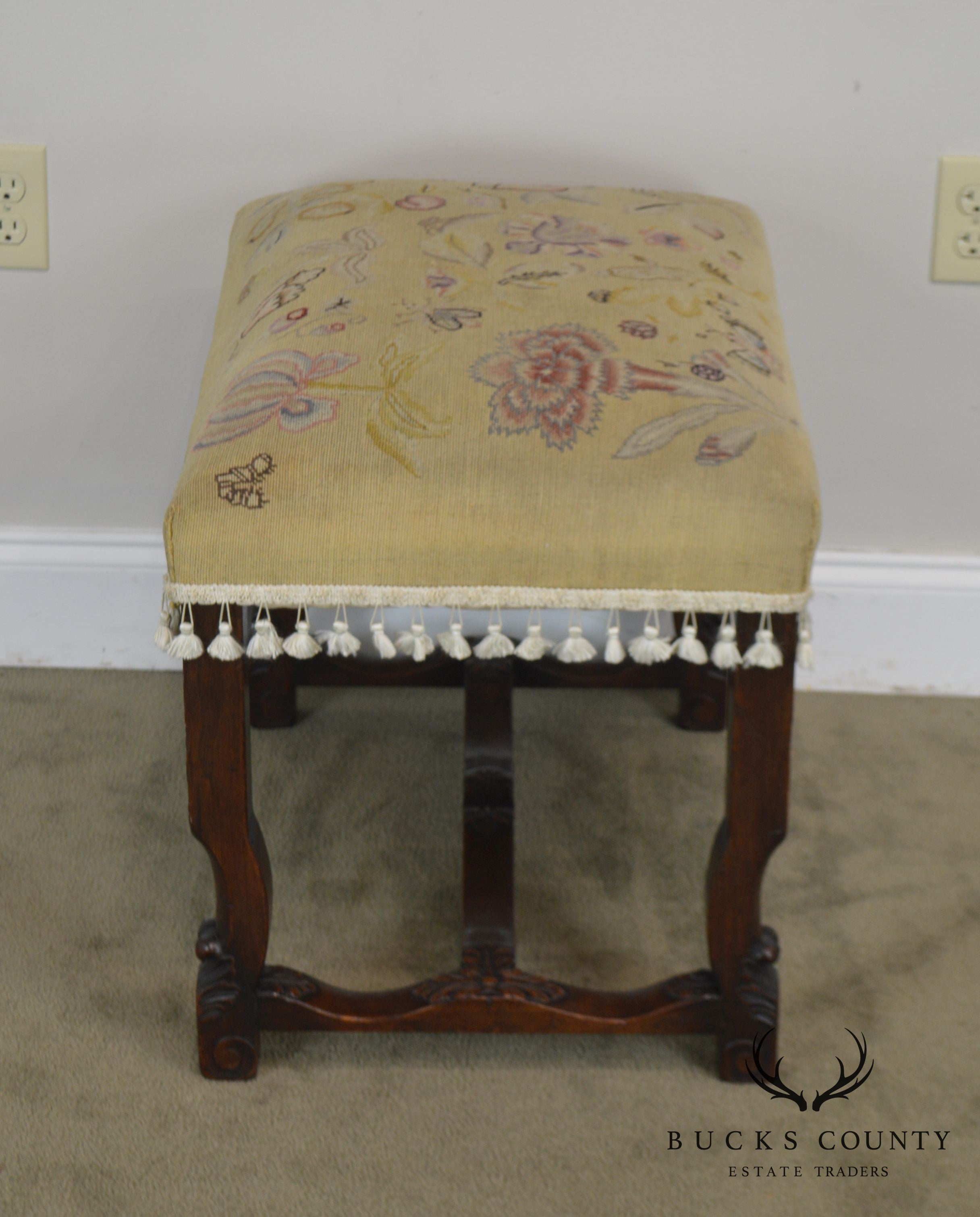 Italian Renaissance Antique Carved Needlepoint Ottoman Bench