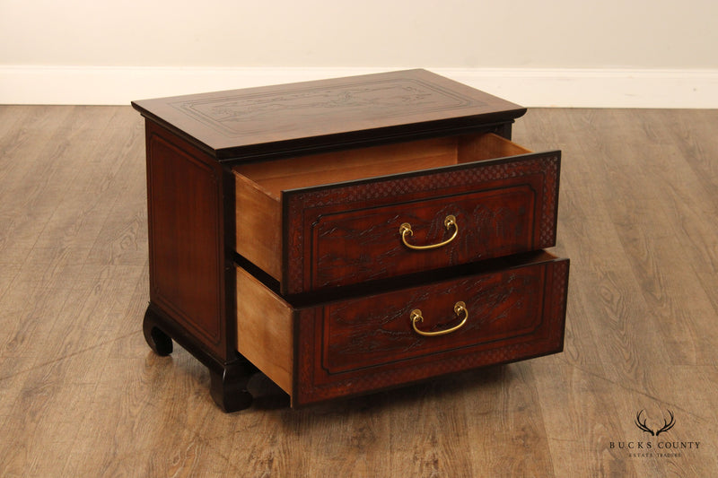 Drexel Heritage 'Conoisseur' Pair of Carved Mahogany Nightstands