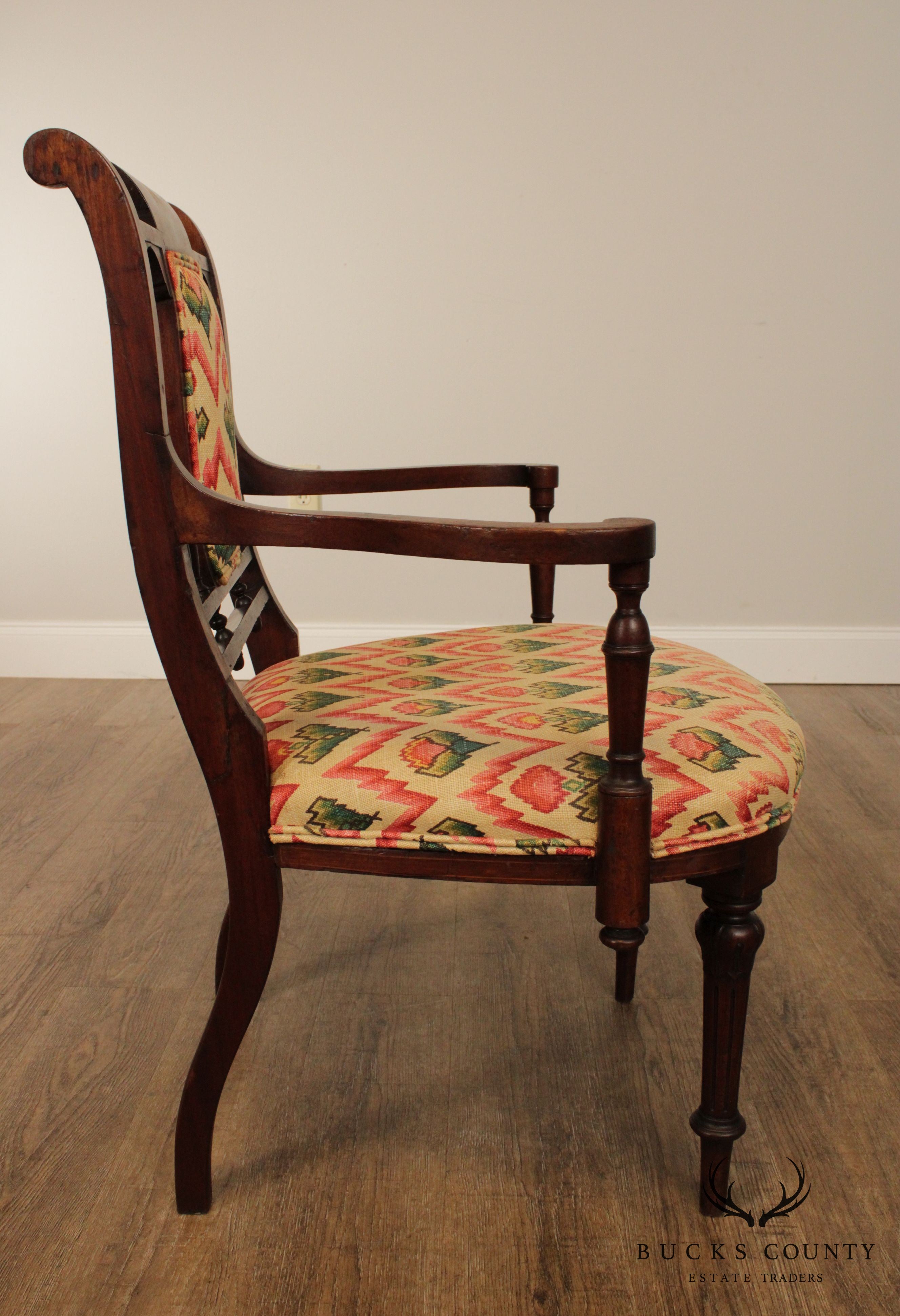 Antique Eglantine Marquetry Inlaid Pair Walnut Armchairs