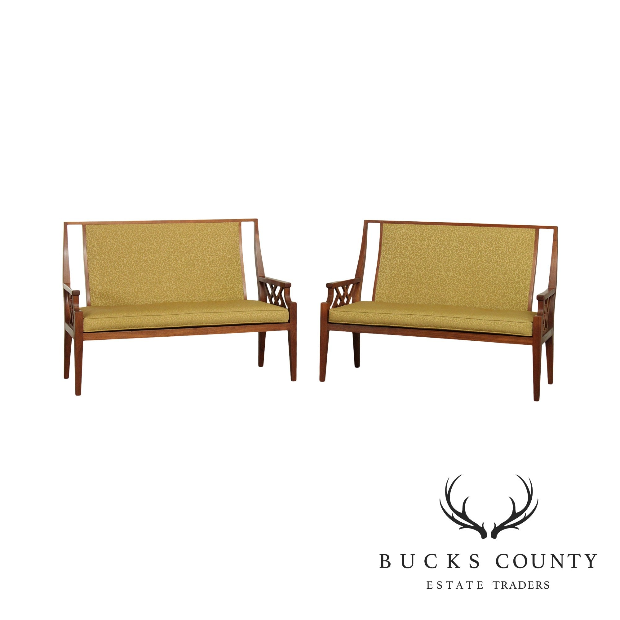 Mid Century Modern Custom Quality Pair Walnut Settees