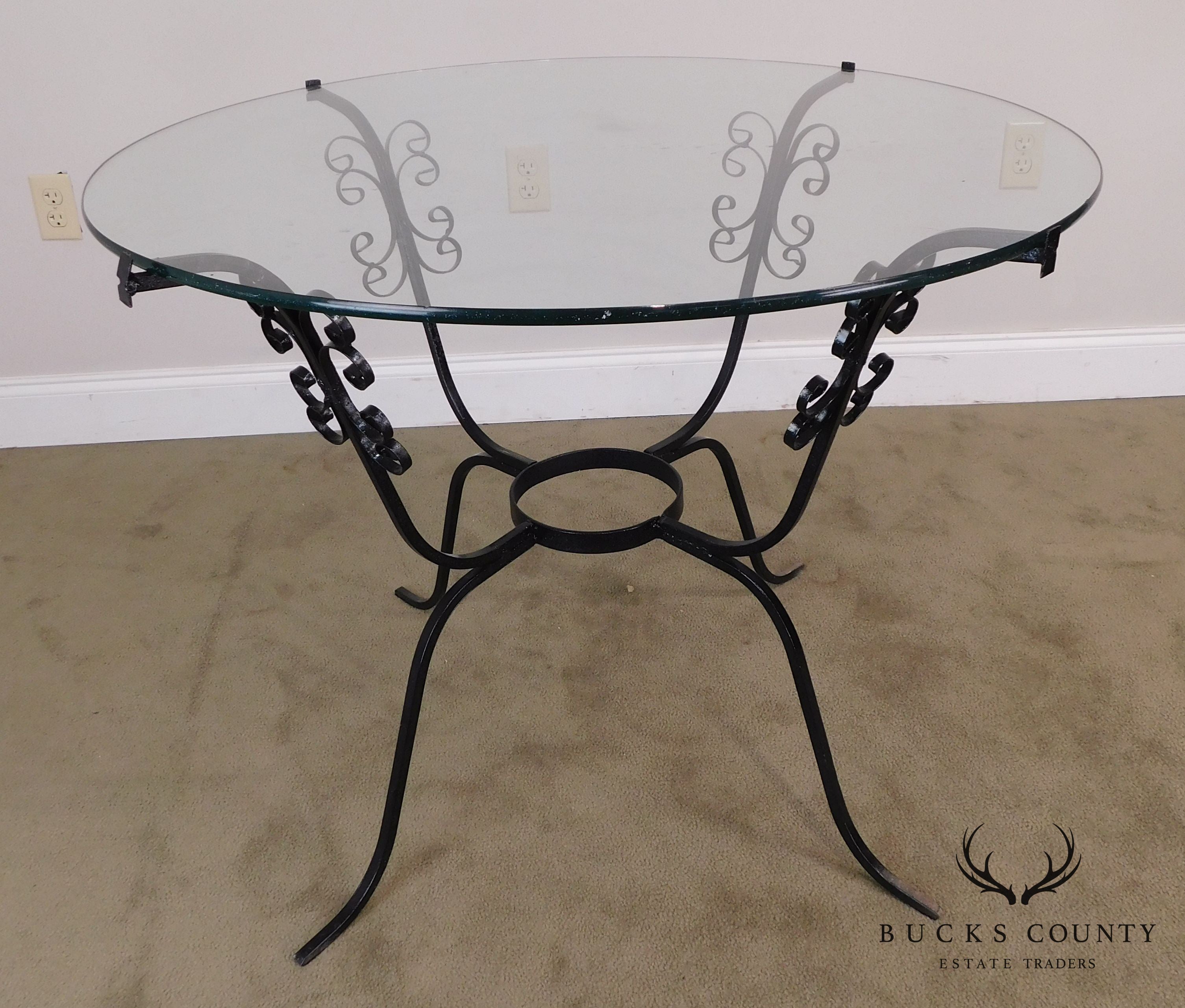 Vintage Black Scrolled Wrought Iron Round Glass Top Table