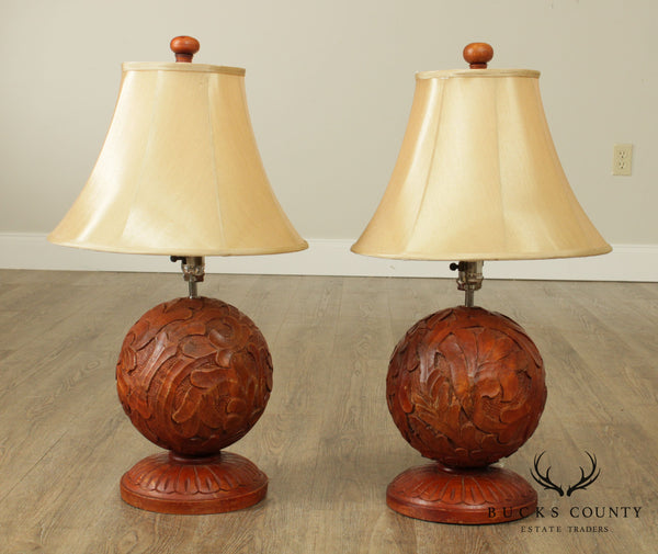 Quality Pair Curved Wood Sphere Table lamps