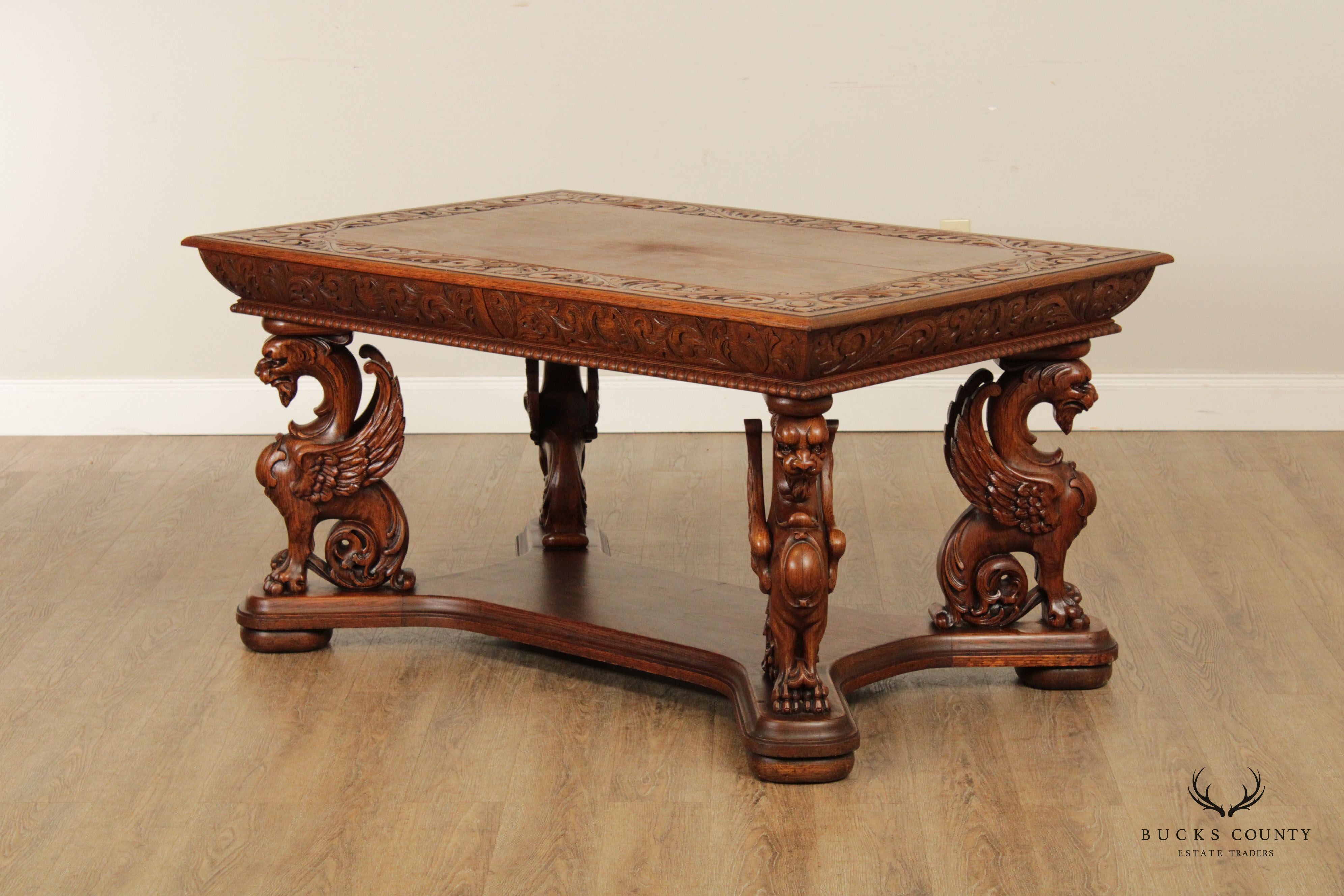 RJ Horner Antique Renaissance Revival Griffin Carved Oak Writing Desk or Library Table