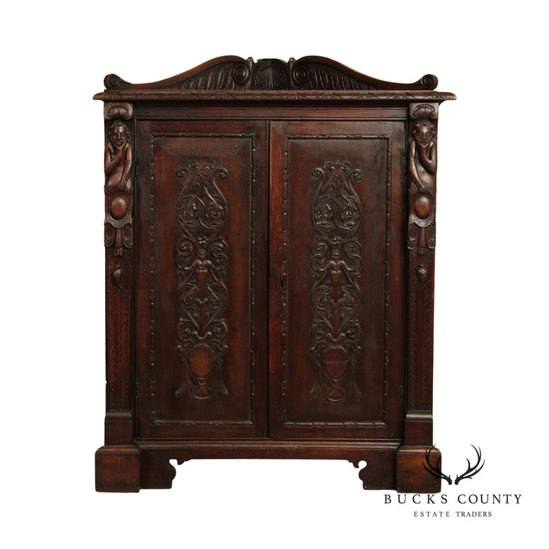 19th Century Antique Renaissance Revival Carved Oak Corner Cabinet