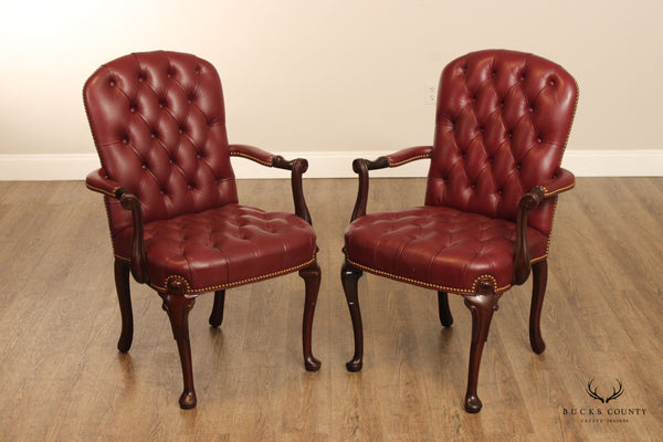 Hancock & Moore Queen Anne Style Pair of Tufted Leather Armchairs