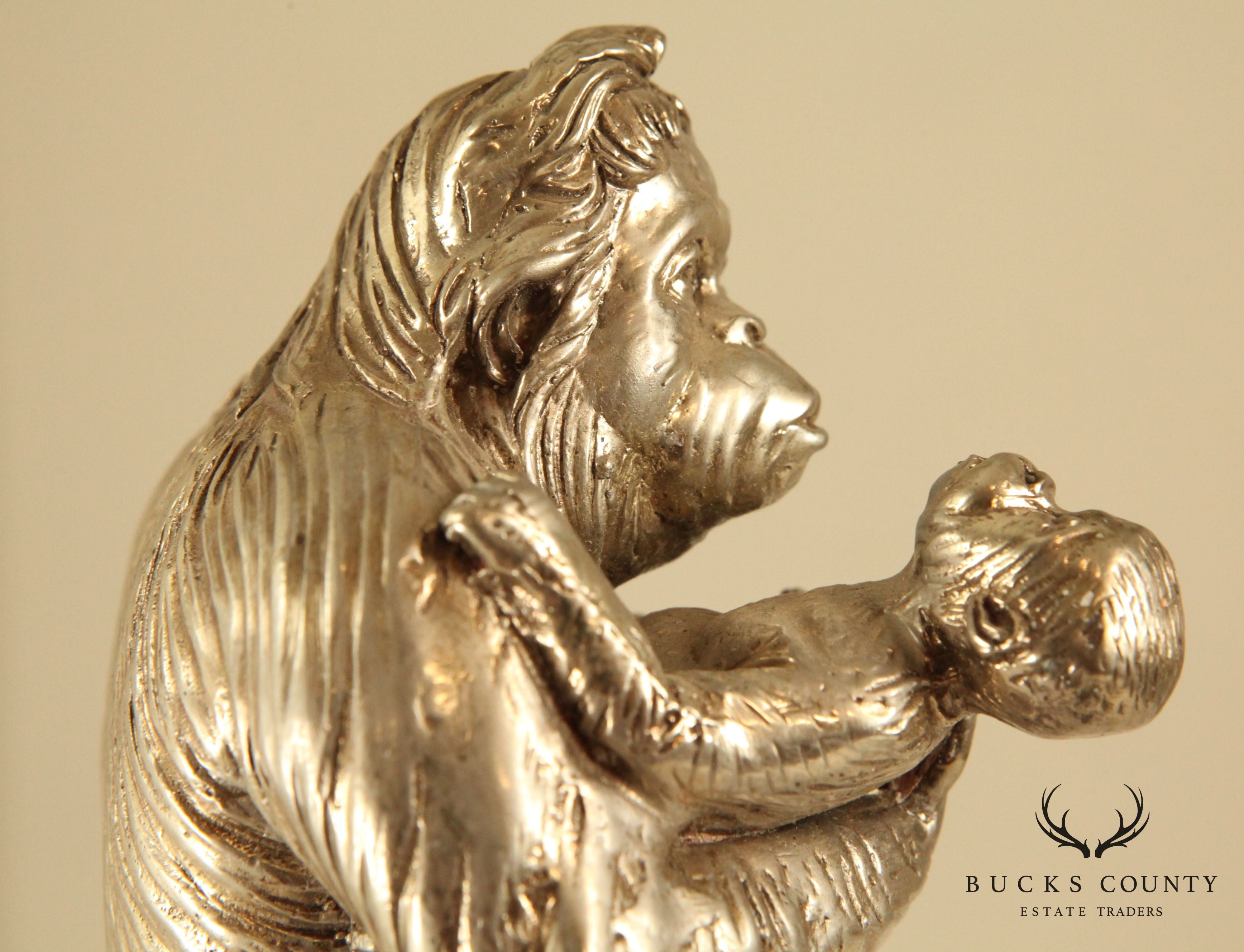 Silver Finish Bronze Statue of Mother & Baby Orangutan