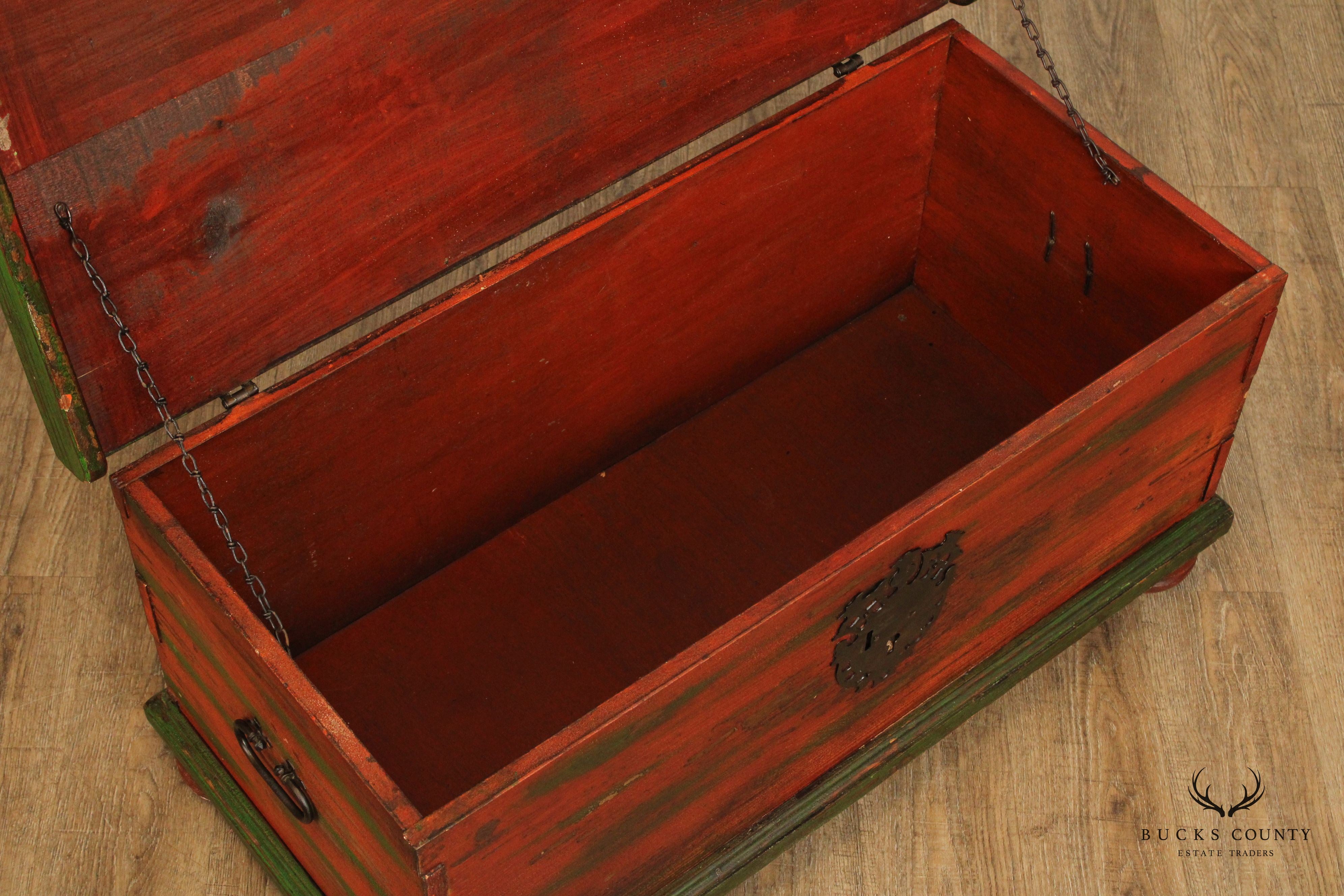 VINTAGE ORNATE HAND PAINTED BESPOKE TRUNK WTH IRON STRAP HINGES