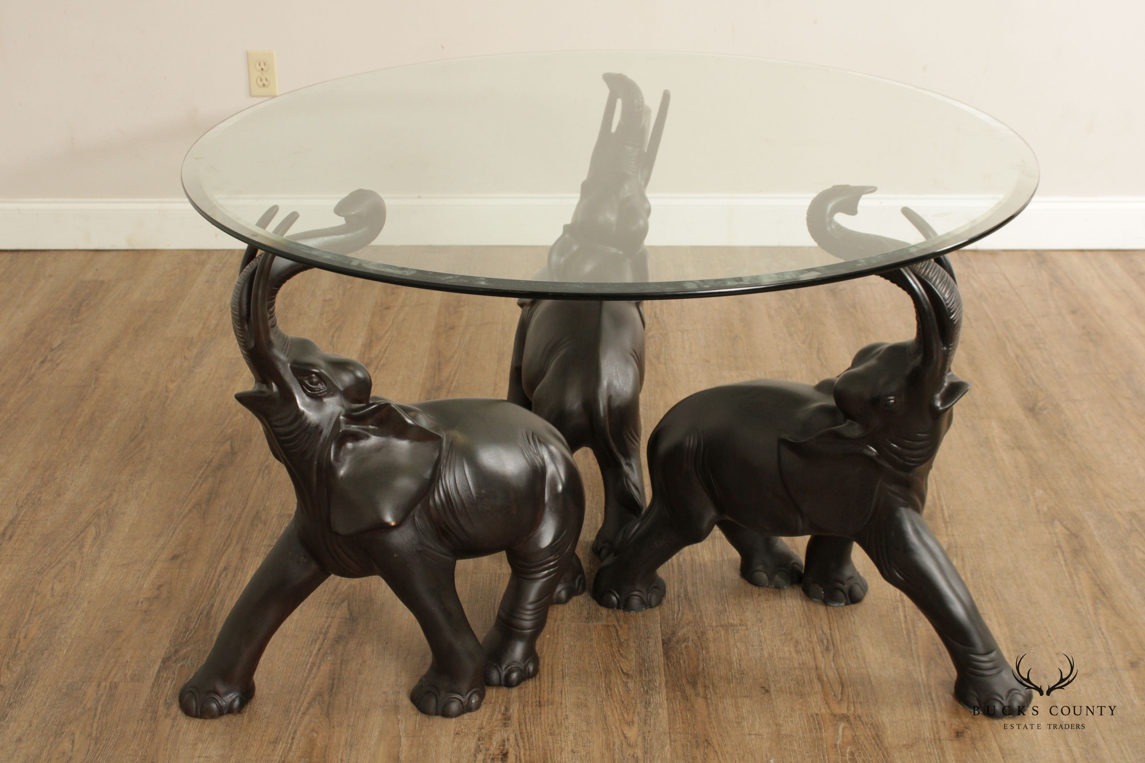 Contemporary Trio of Elephants Brass & Glass Center Table