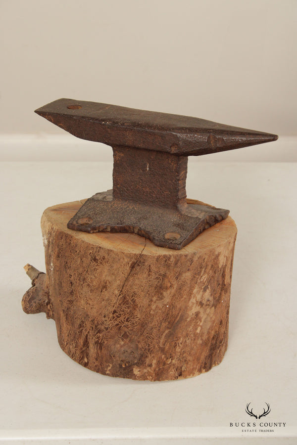 Vintage Small Iron Anvil Mounted on Wooden Block