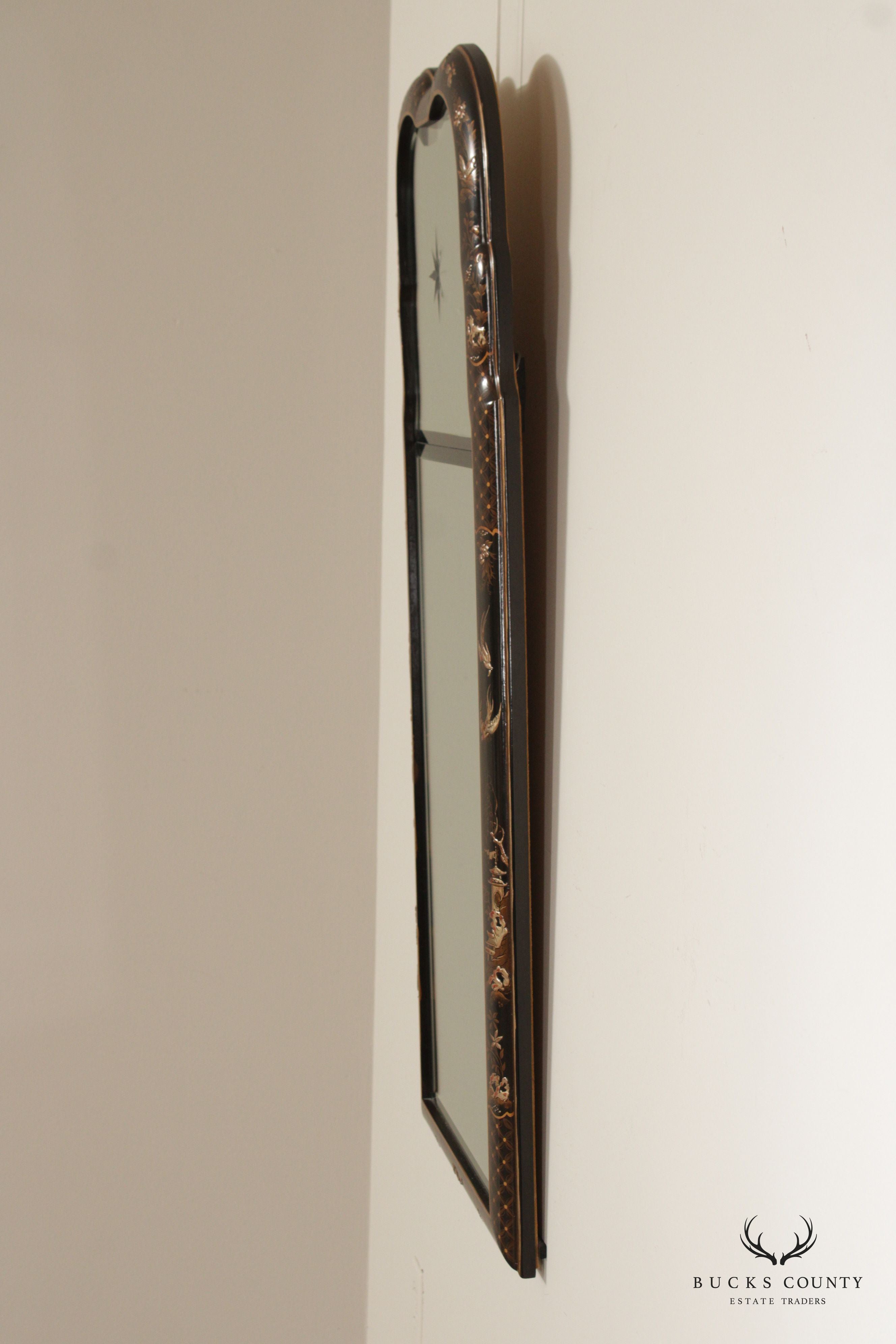 LaBarge Chinoserie Ebonized and Gilt Beveled Wall Mirror