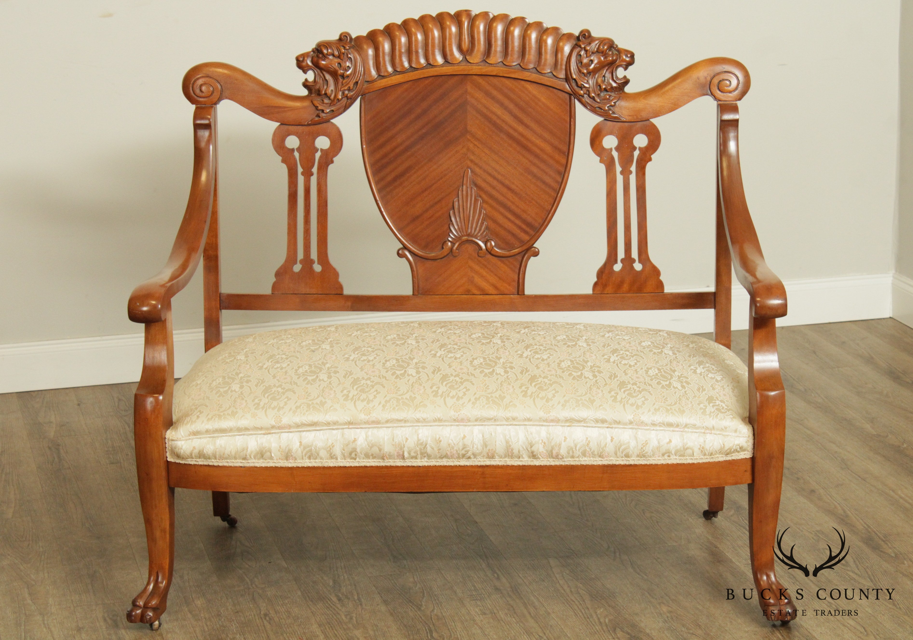 Antique Victorian Renaissance Revival Lion Carved Mahogany Settee