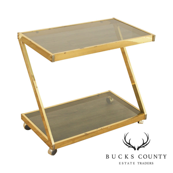 Modernist Brass and Smoked Glass Z-Form Two Tier Bar Cart