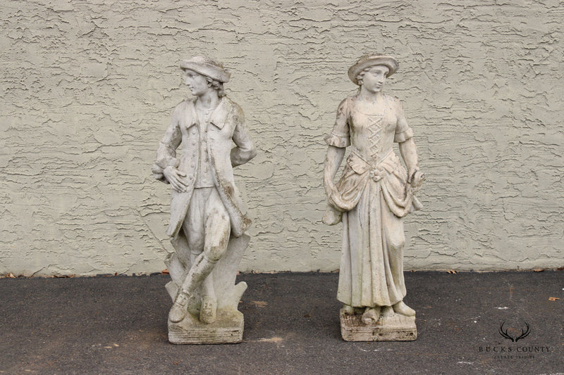 English Style Vintage Pair Figural Cast Stone Garden Statues
