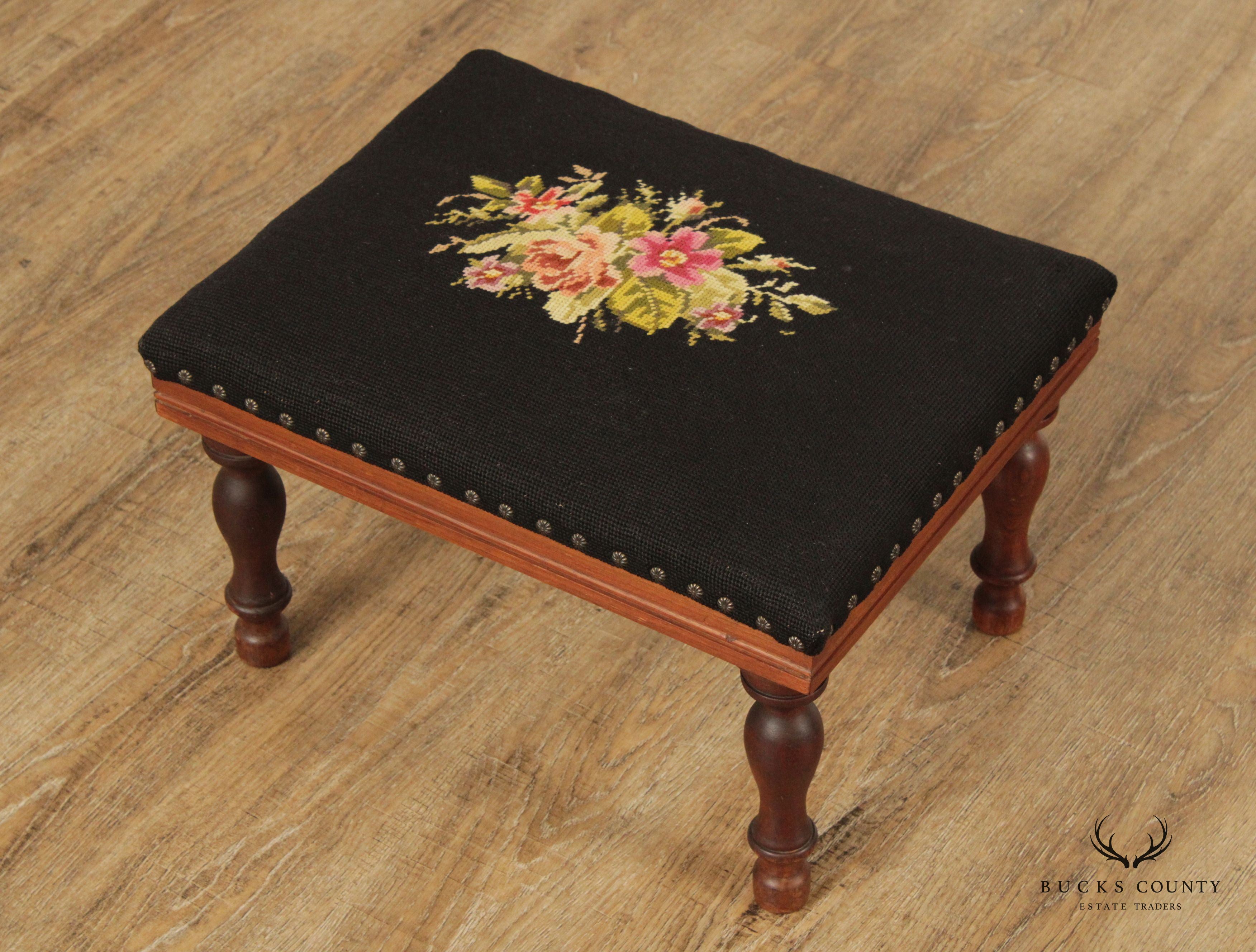 Antique Victorian Floral Needlepoint Foot Stool