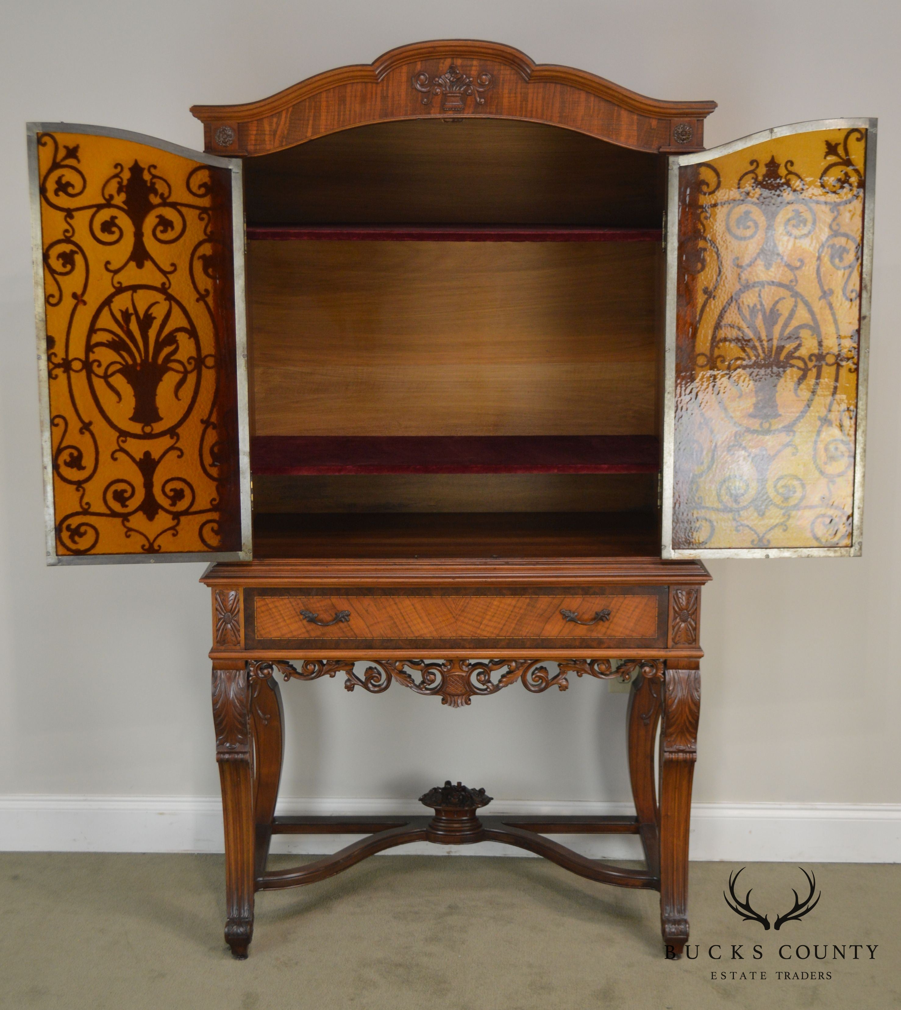 Renaissance Revival 1920's Carved Walnut Bar China Cabinet with Iron Doors