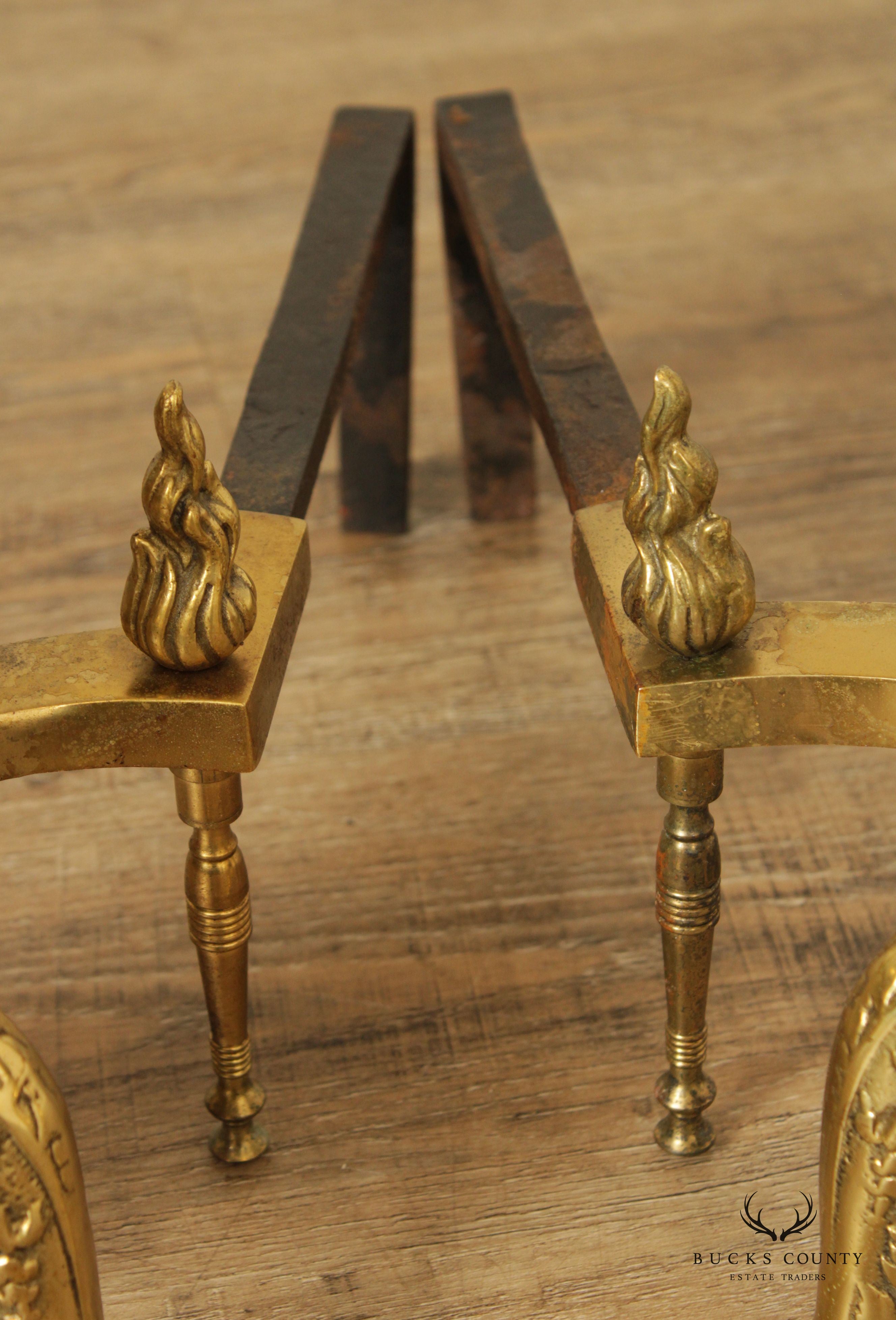 Vintage Pair of Neoclassical Style Brass Andirons