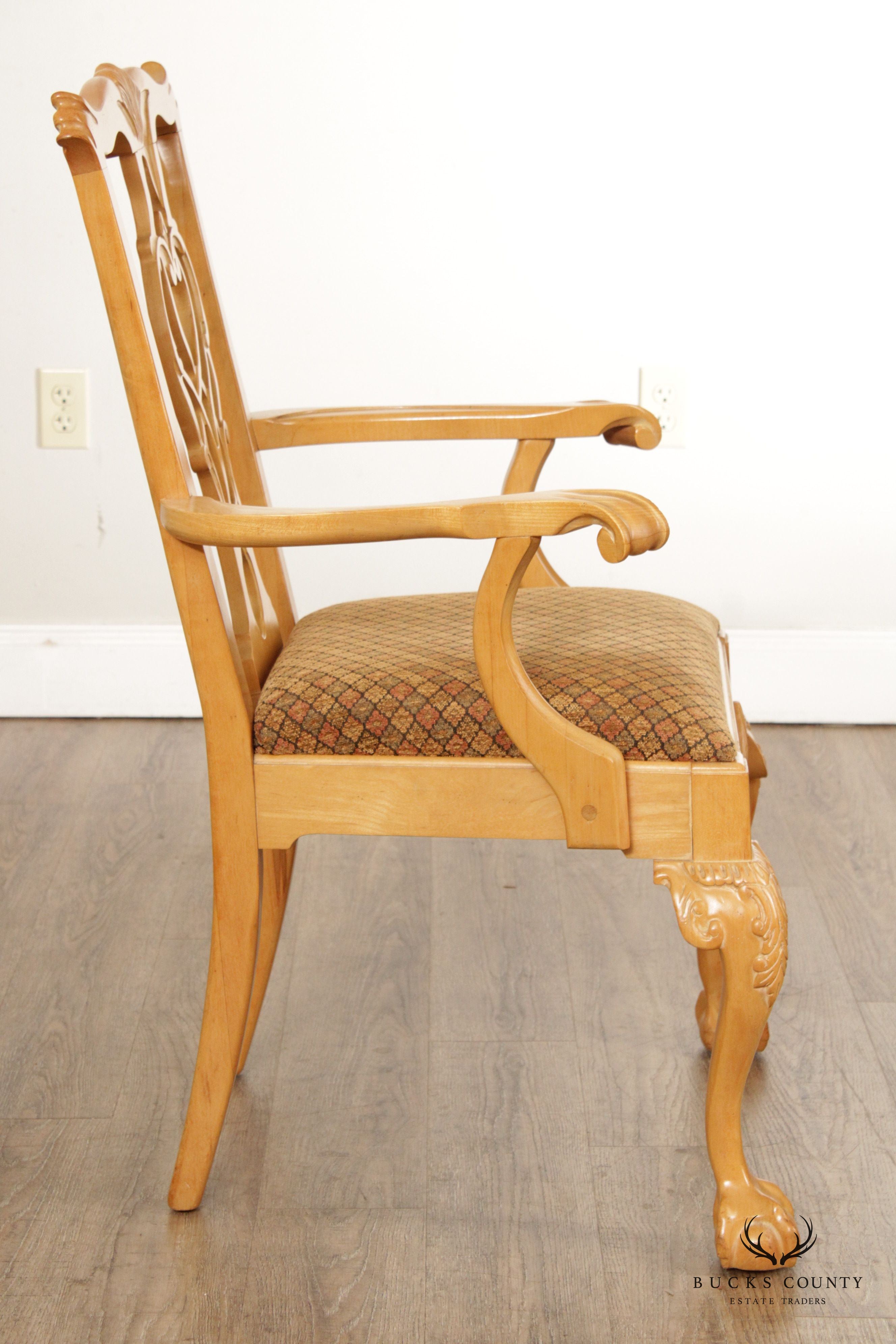 Chippendale Style Vintage Set Six Blonde Wood Dining Chairs