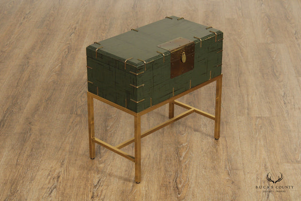 VINTAGE CAMPAIGN STYLE GREEN LACQUERED CHEST ON BRASS BASE