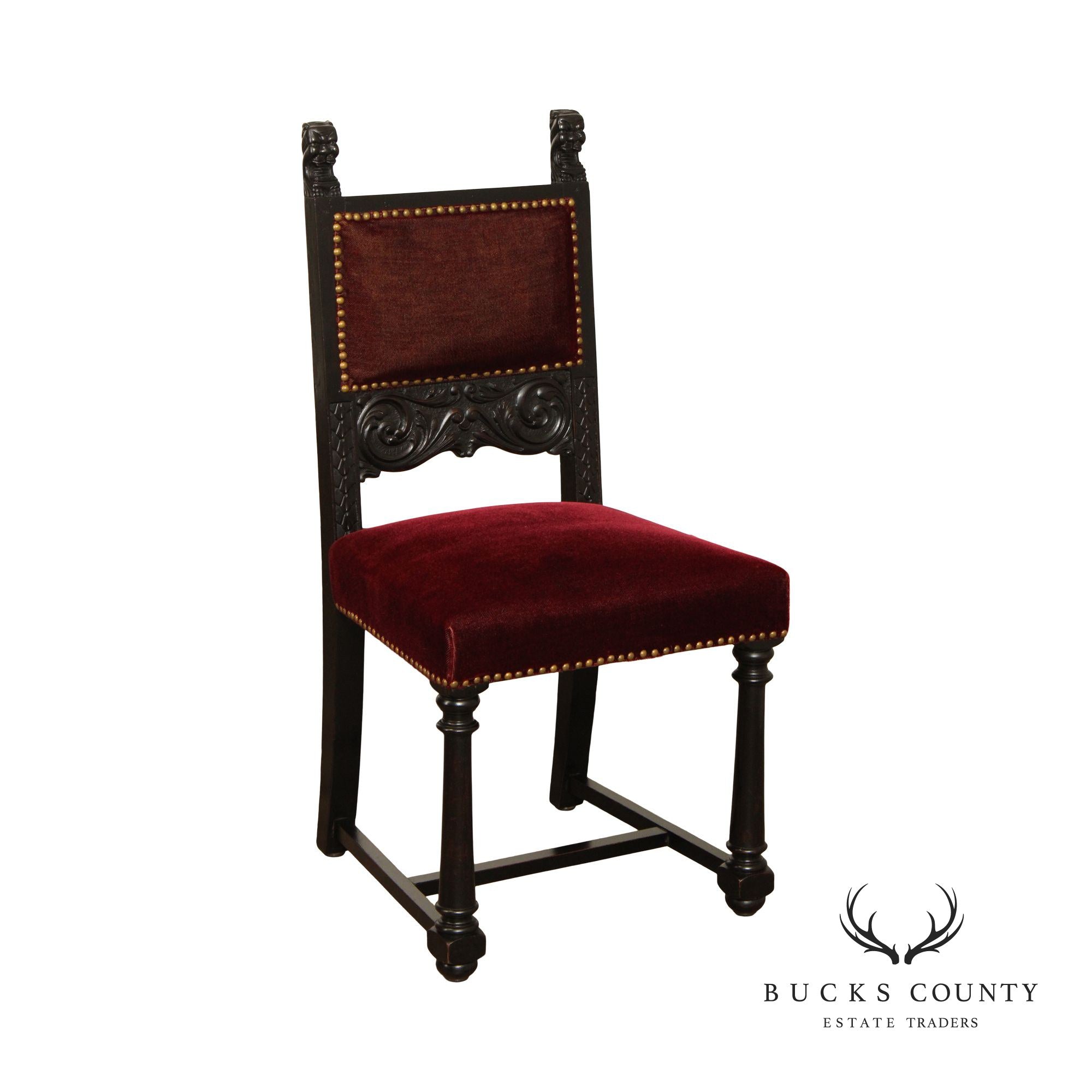 GOTHIC REVIVAL STYLE ANTIQUE CARVED FRAME AND VELVET OCCASIONAL SIDE CHAIR