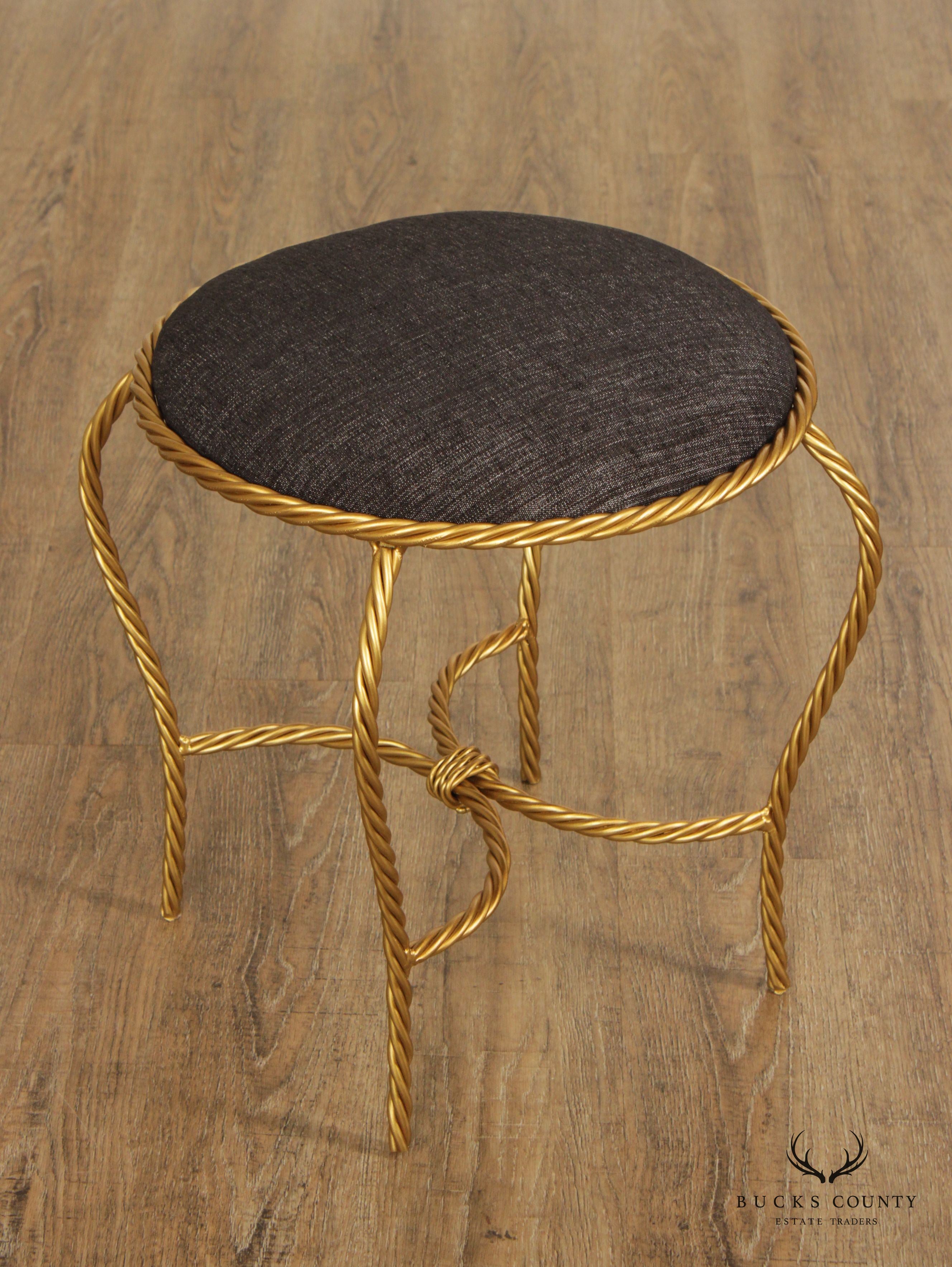 Hollywood Regency Pair of Gilt Metal Rope Twist Stools