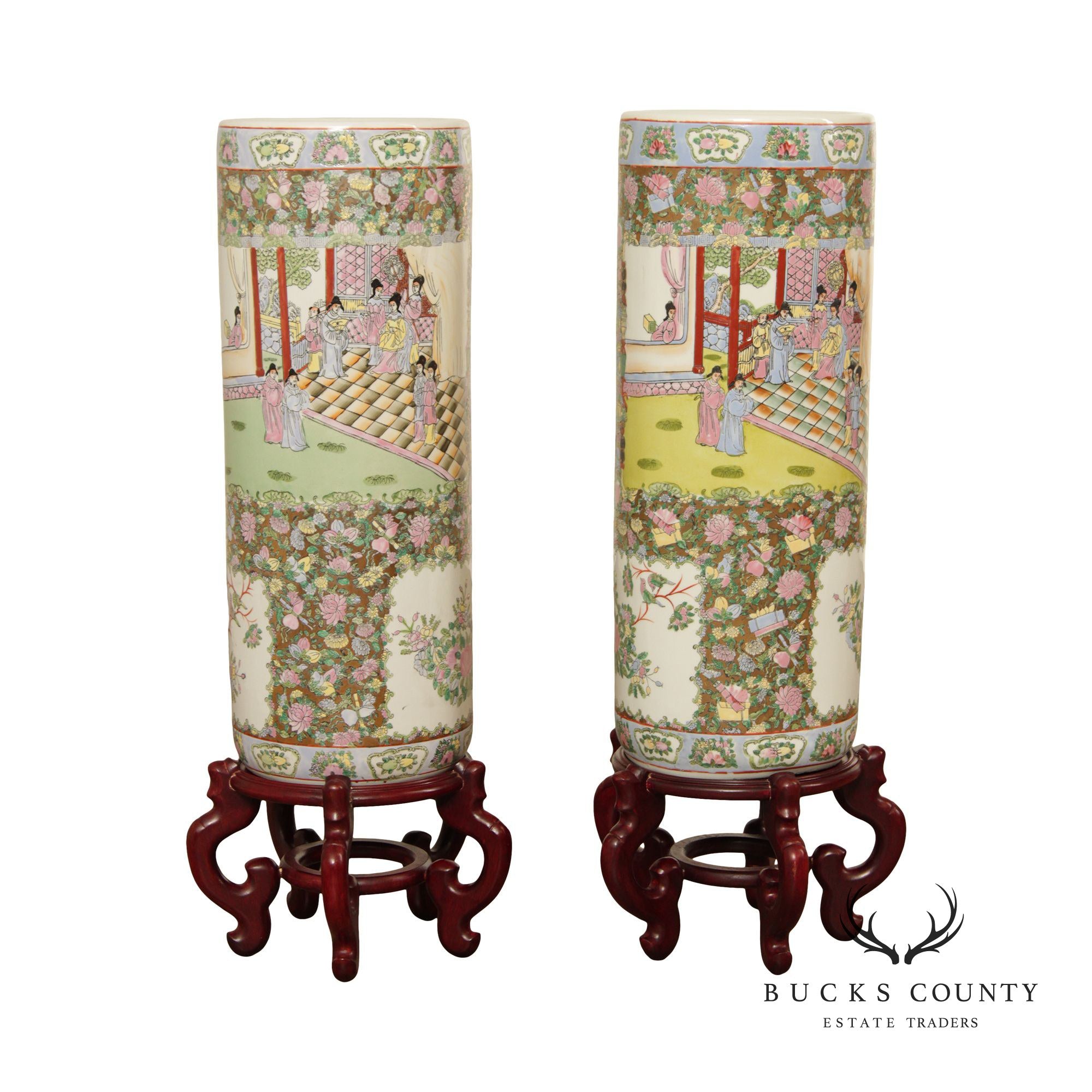 Chinese Chinoiserie Pair Porcelain Umbrella Stands