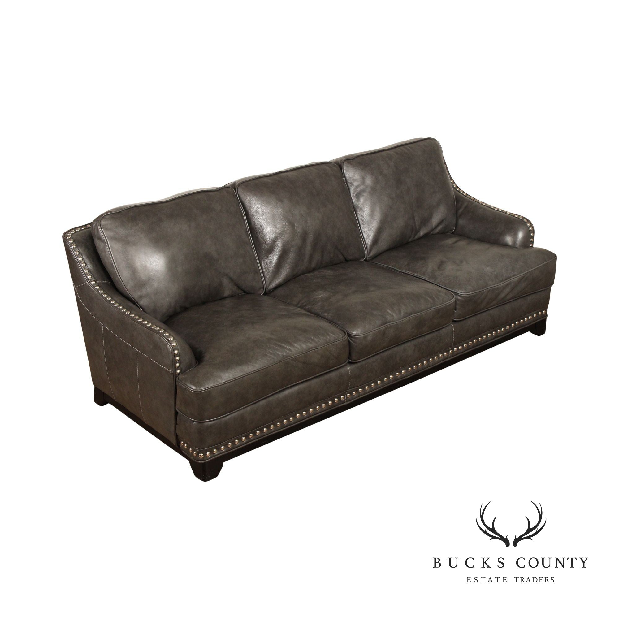 Quality Grey Leather Three Seat Nailhead Sofa