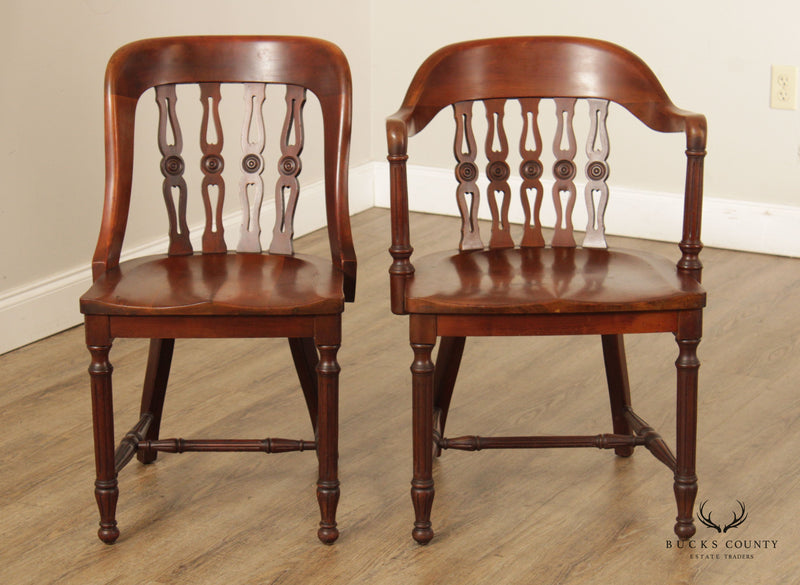Antique Pair Walnut Barrel Back Banker's Office Chairs