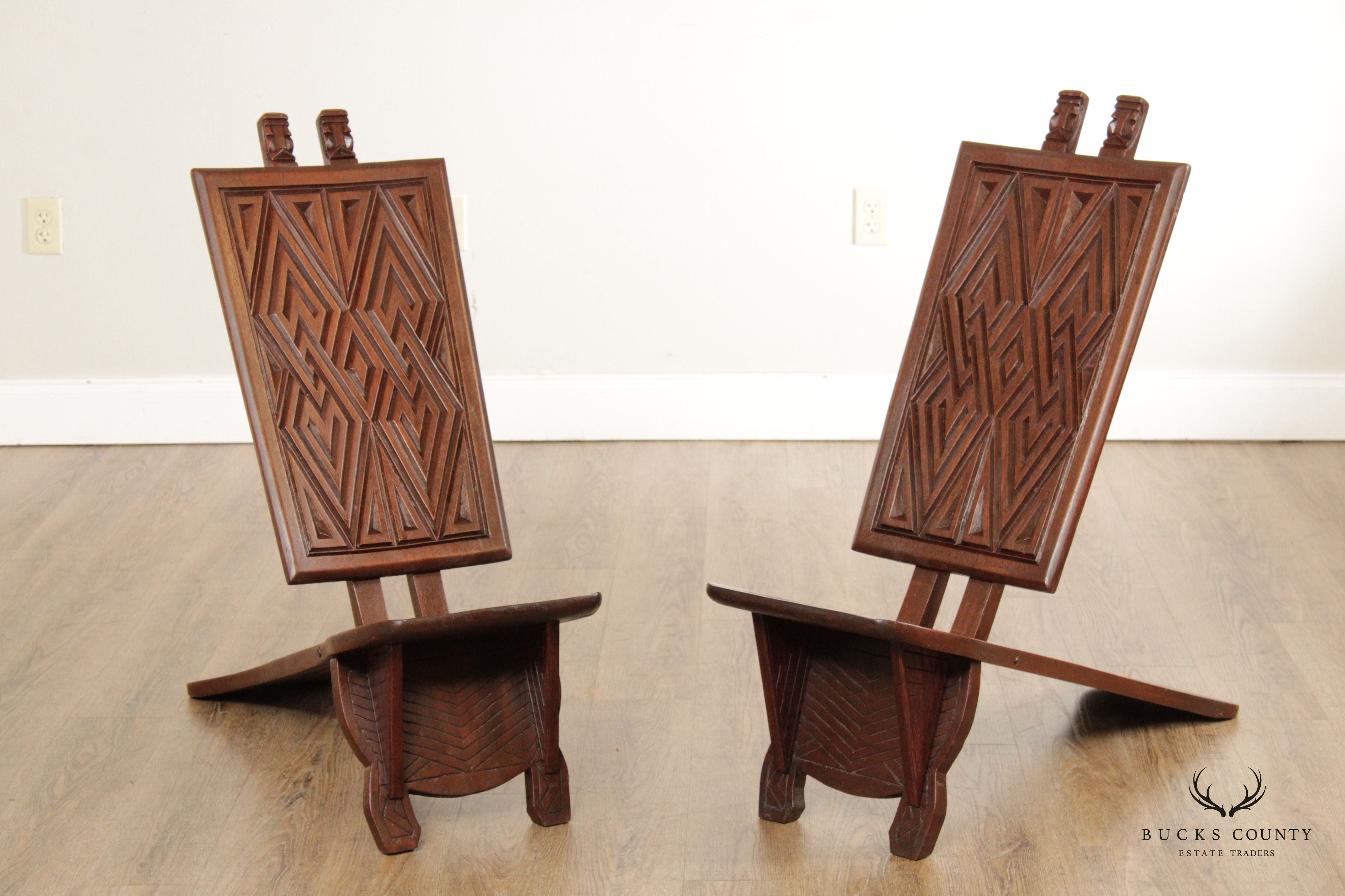 African Traditional Ceremonial Pair Mahogany Carved Folding Chairs