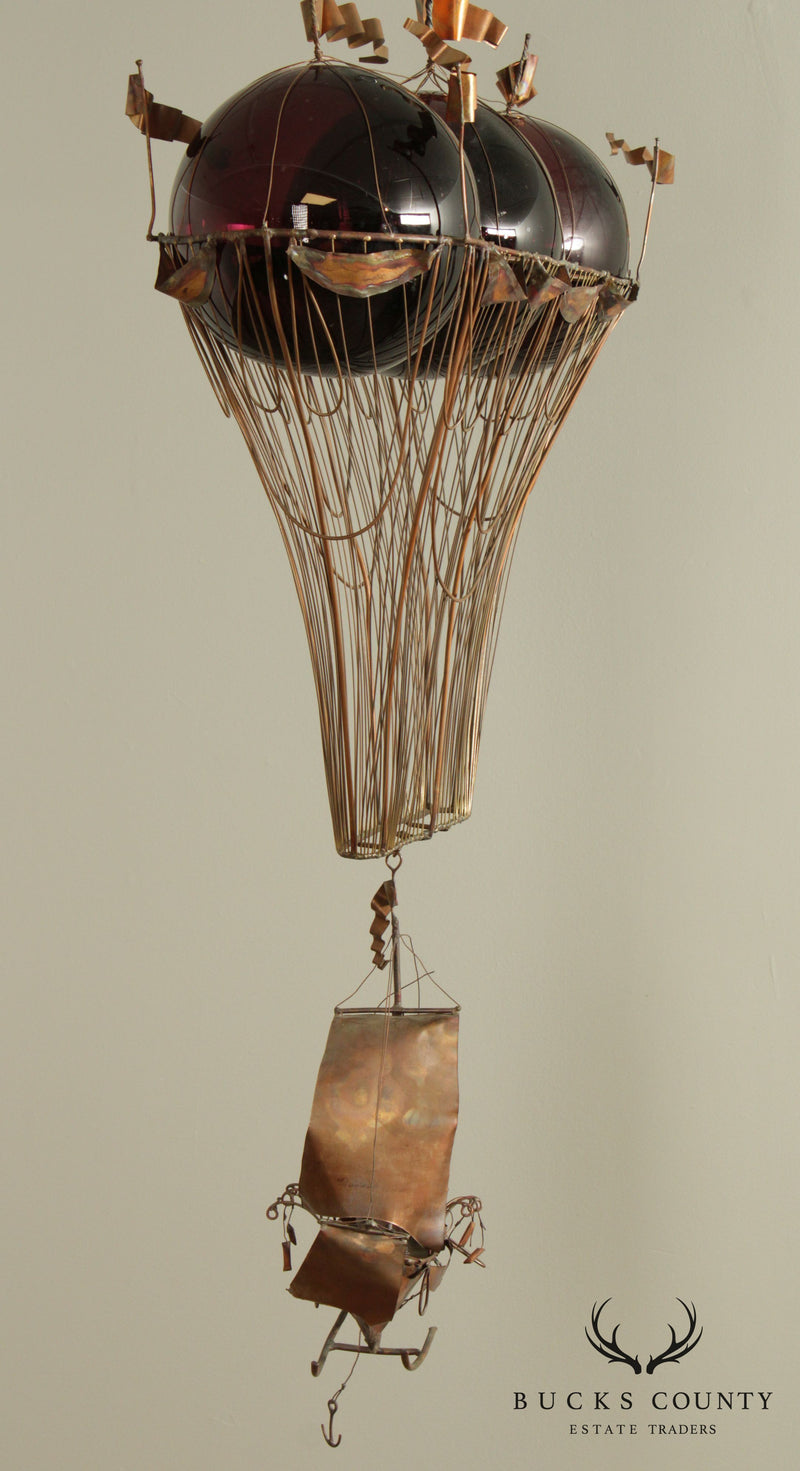 Steampunk Mid Century Metal Hanging Sculpture, Ship with Art Glass Balloons