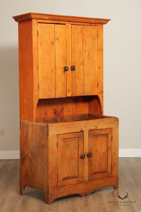 Antique Farmhouse Pine Dry Sink Hutch Cabinet