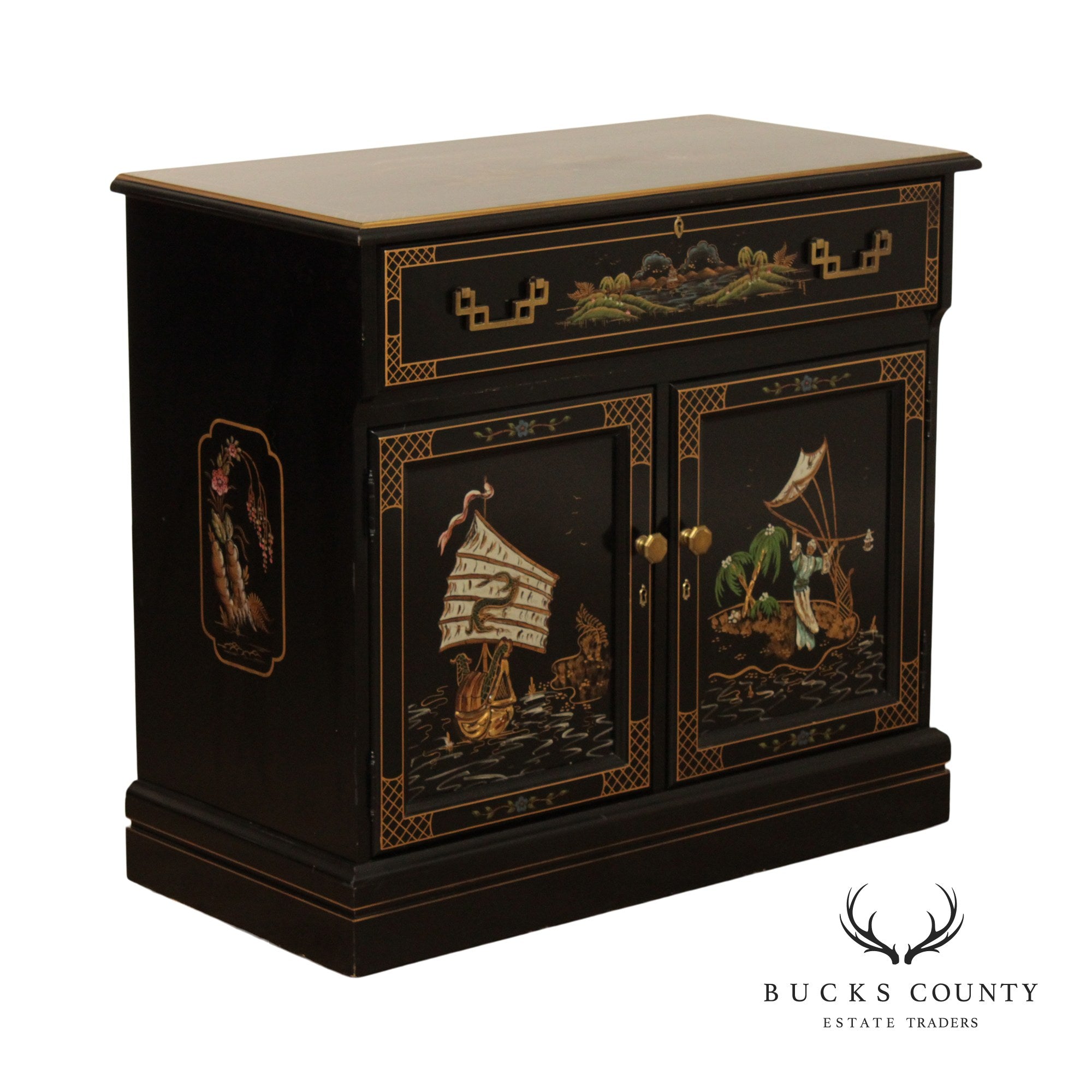 Jasper Chinoiserie Black Lacquer Liquor Bar Serving Cabinet