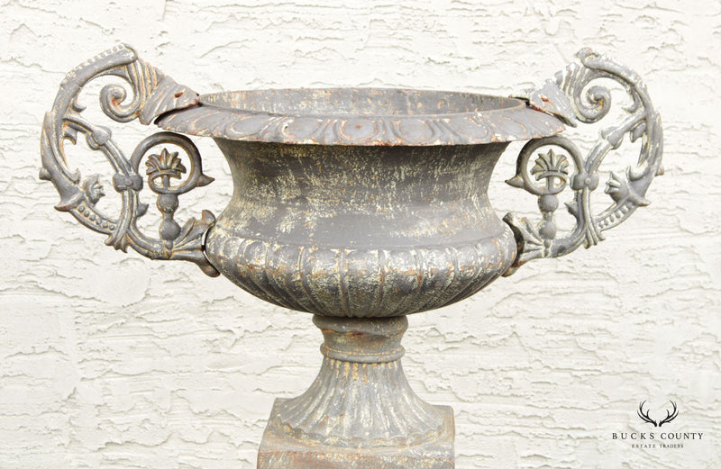 Neoclassical Style Pair of Cast Iron Outdoor Planter Urns