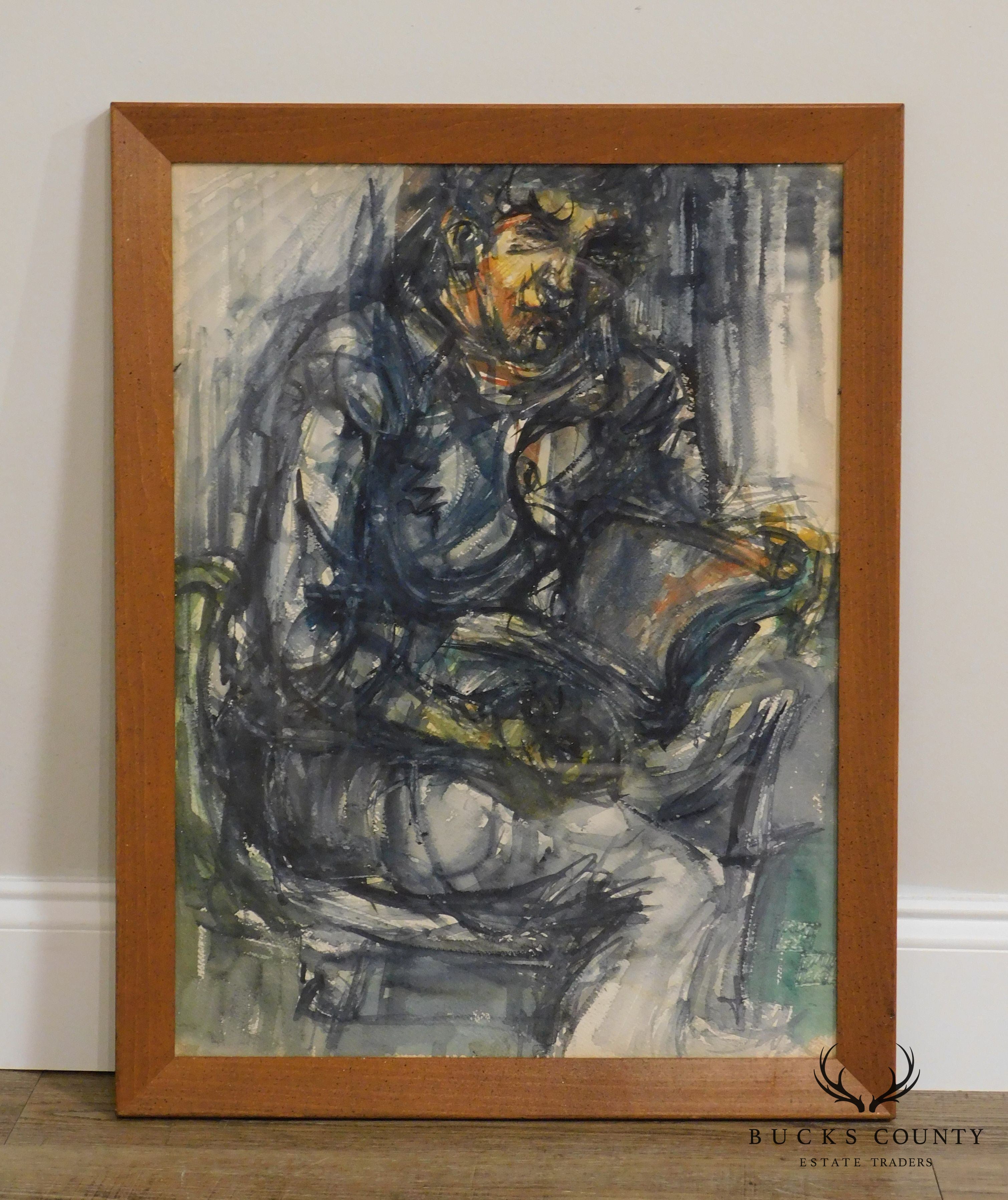 Vintage Modernist Figural Watercolor Original Painting