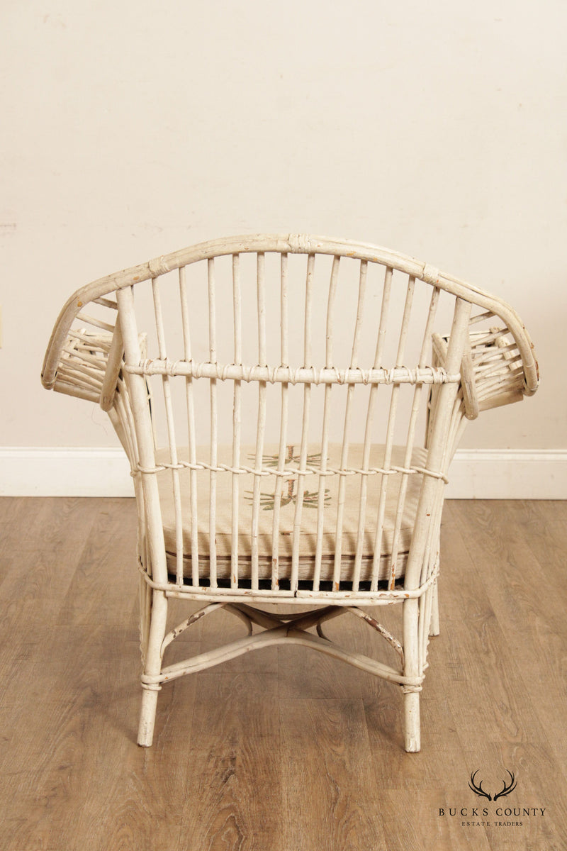 Vintage Coastal White Painted Split Reed Wicker Rattan Pair Patio Lounge Chairs