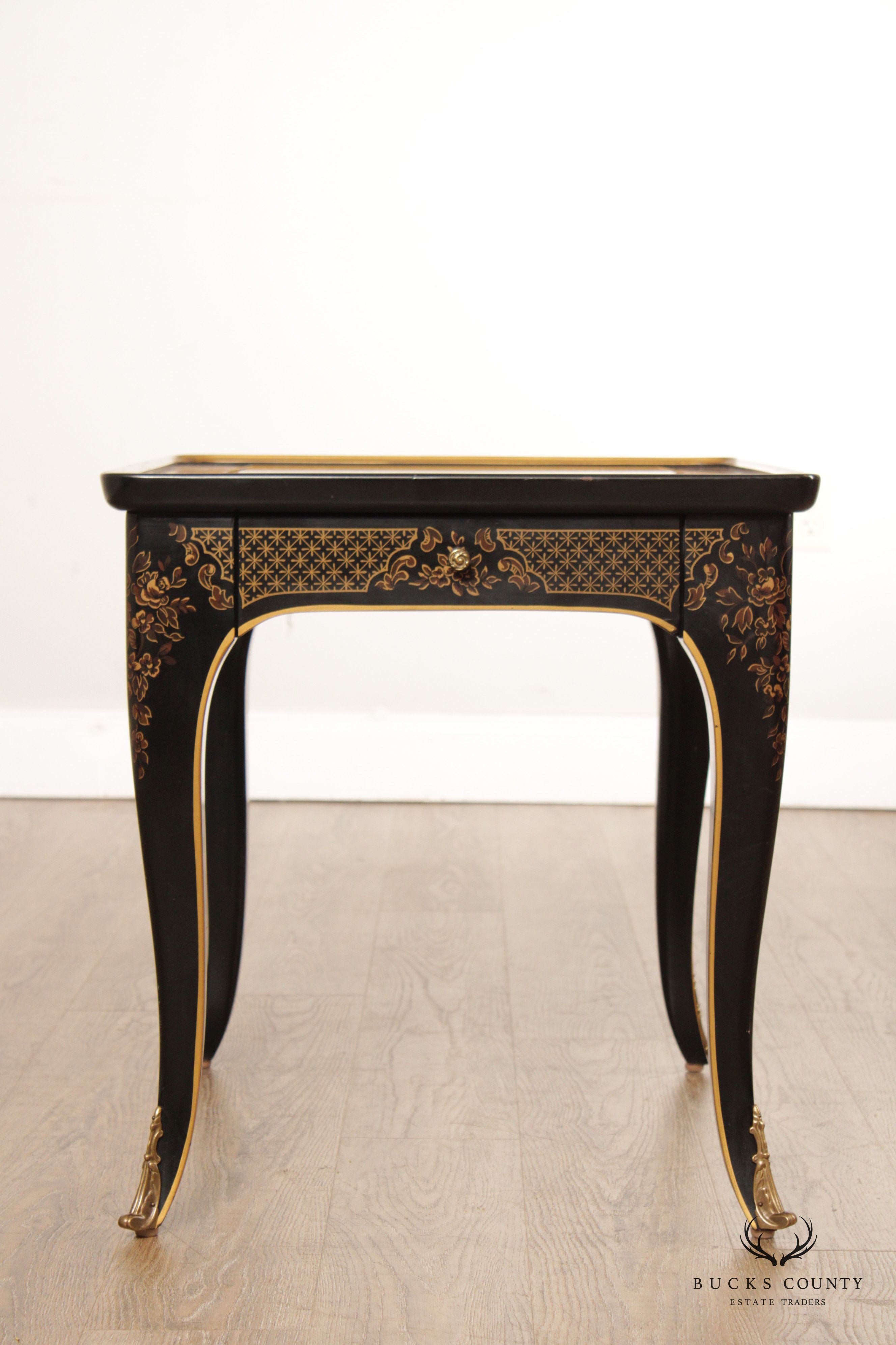 Drexel Et Cetera Chinoiserie Decorated Burlwood Glass Top Side Table