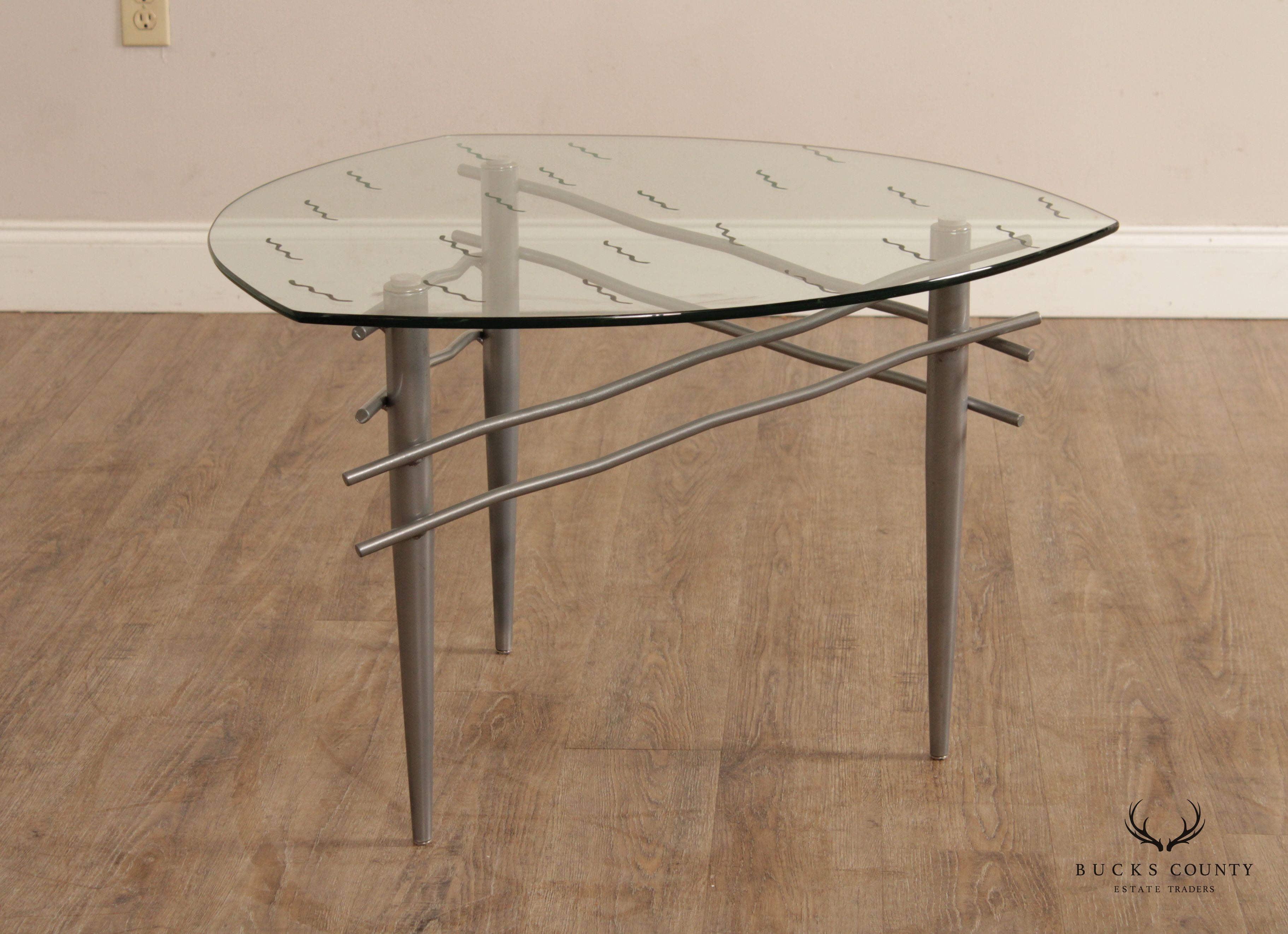 Modern Triangular Glass Top Brushed Steel Table