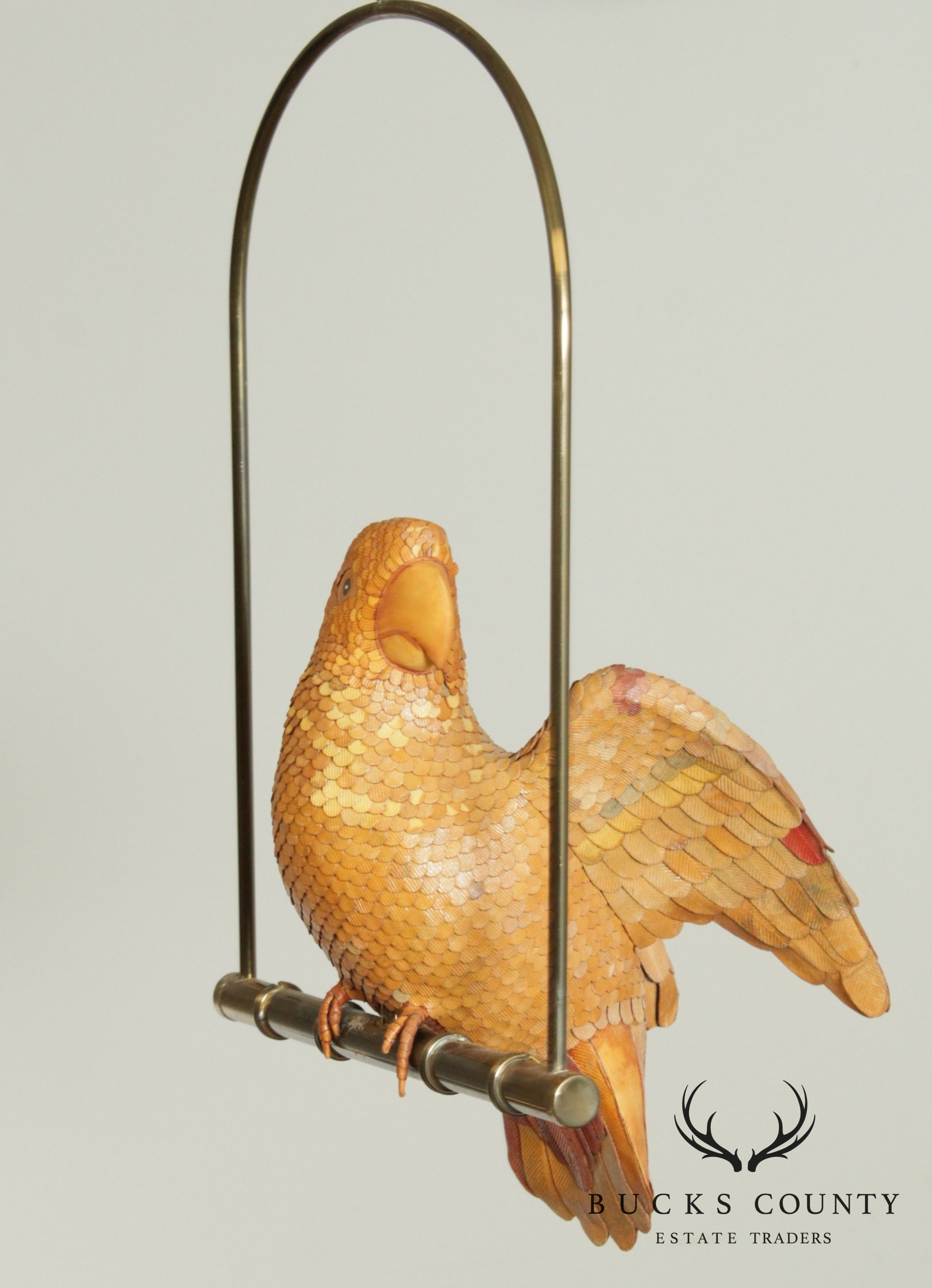 Chela's Vintage Hand Crafted Leather Parrot Sculpture, Brass Perch