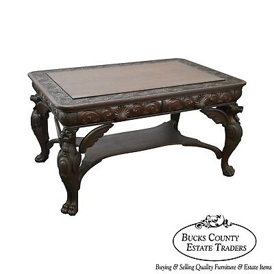 Horner Antique Carved Standing Winged Griffin Library Table Desk