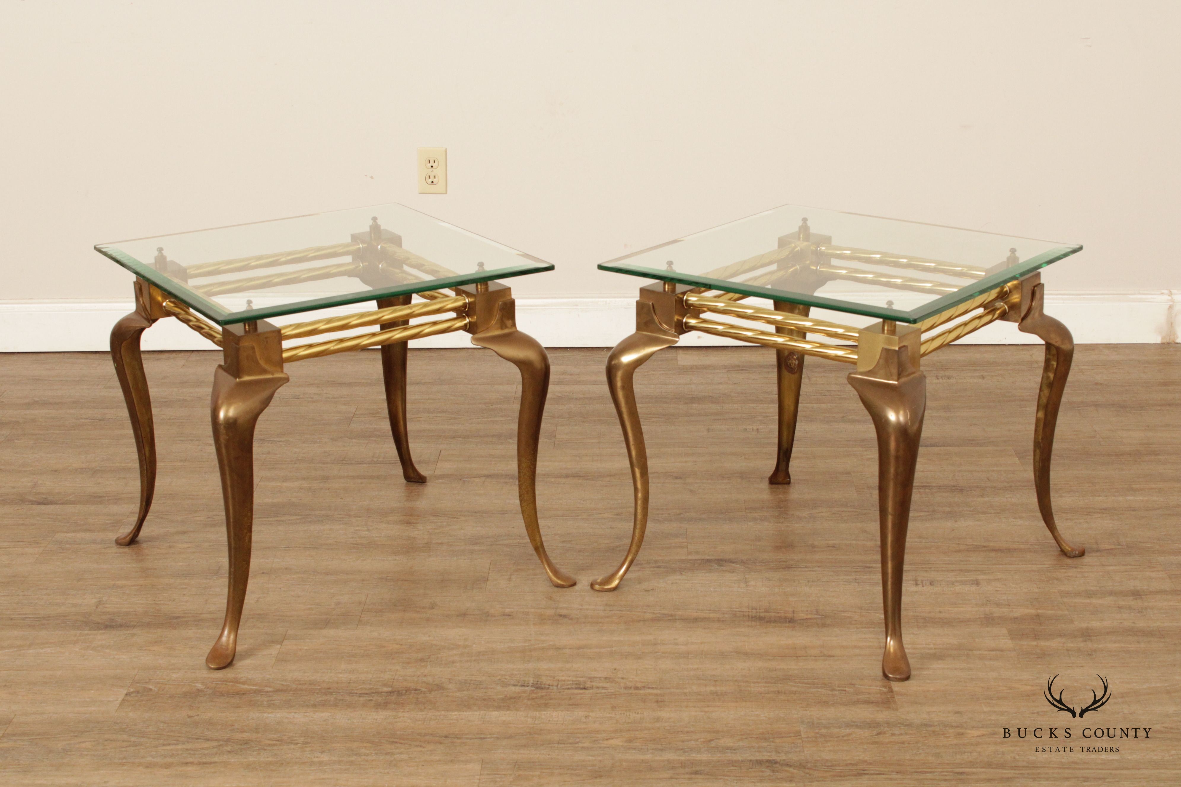 Vintage French Style Pair of Brass and Glass Side Tables