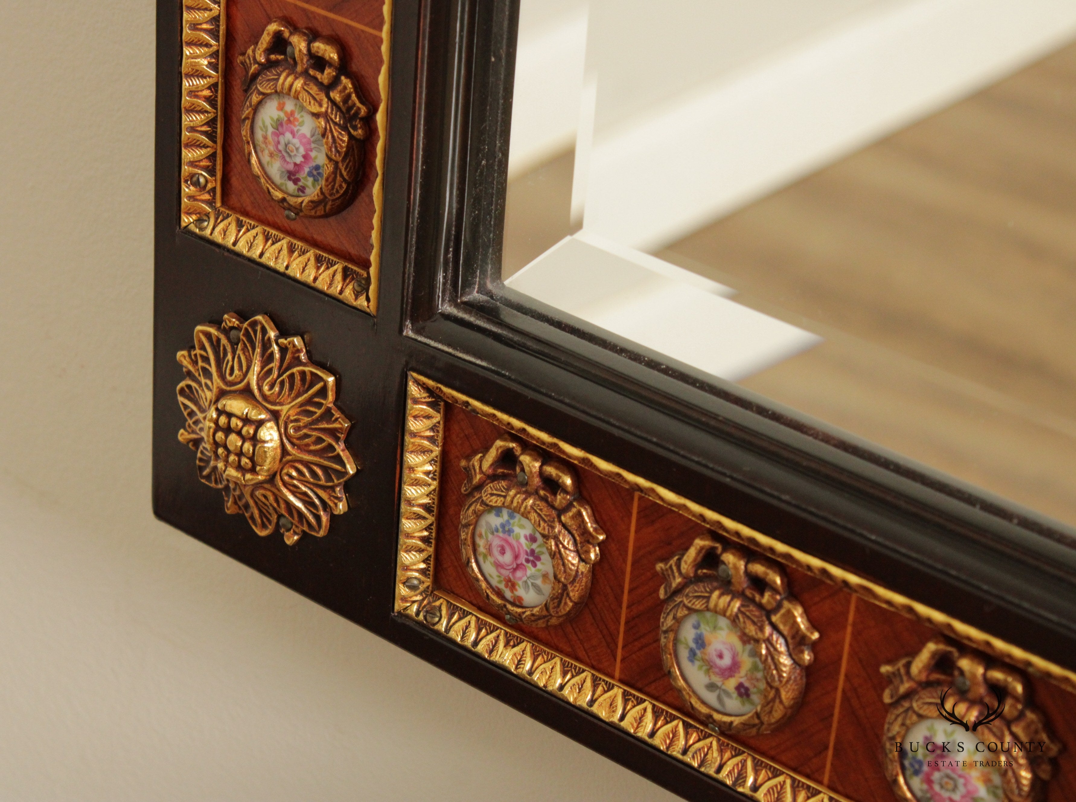 French Louis XVI Style Gilded Brass and Porcelain Mounted Wall Mirror