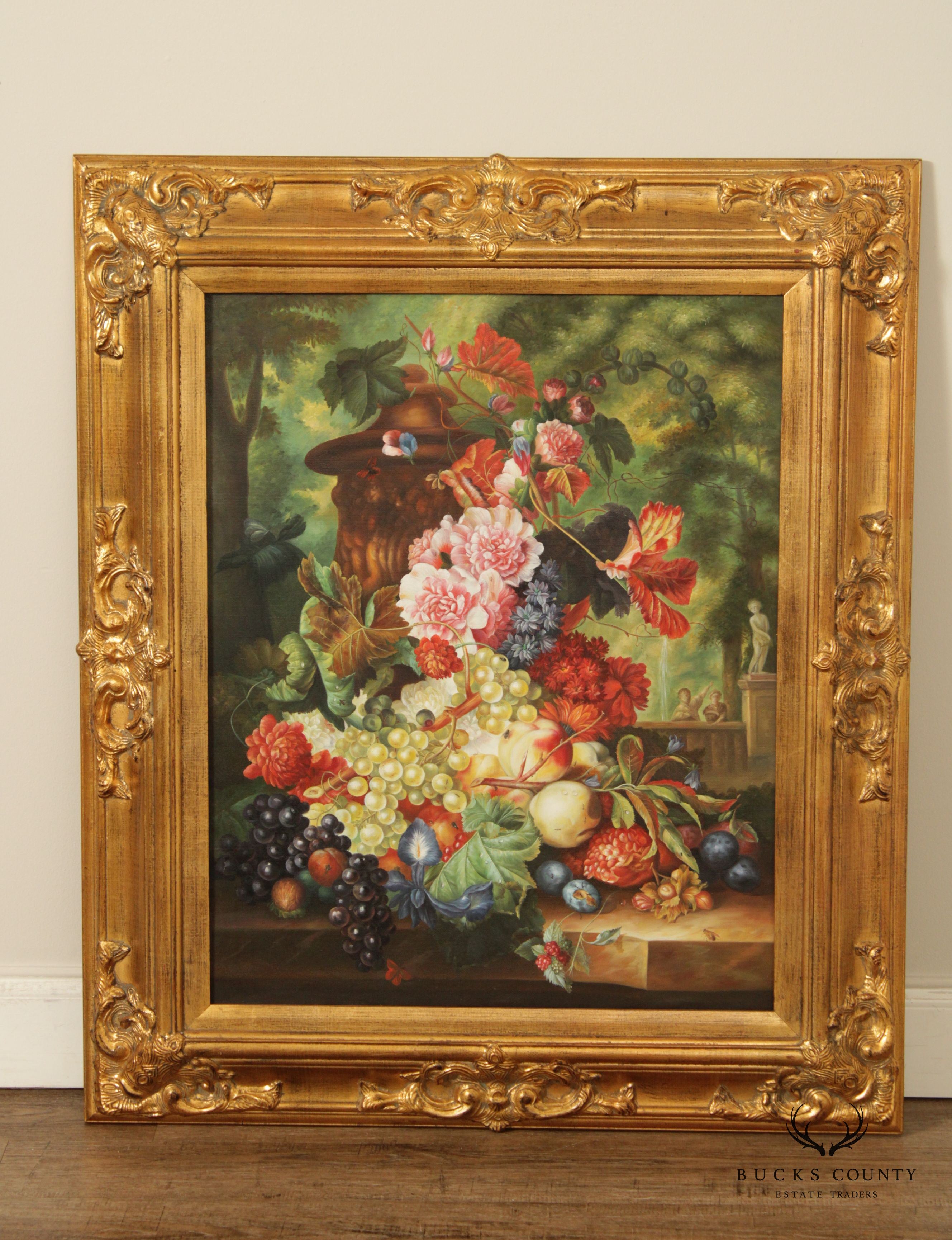 20th C. Floral and Fruit Still Life Original Oil Painting